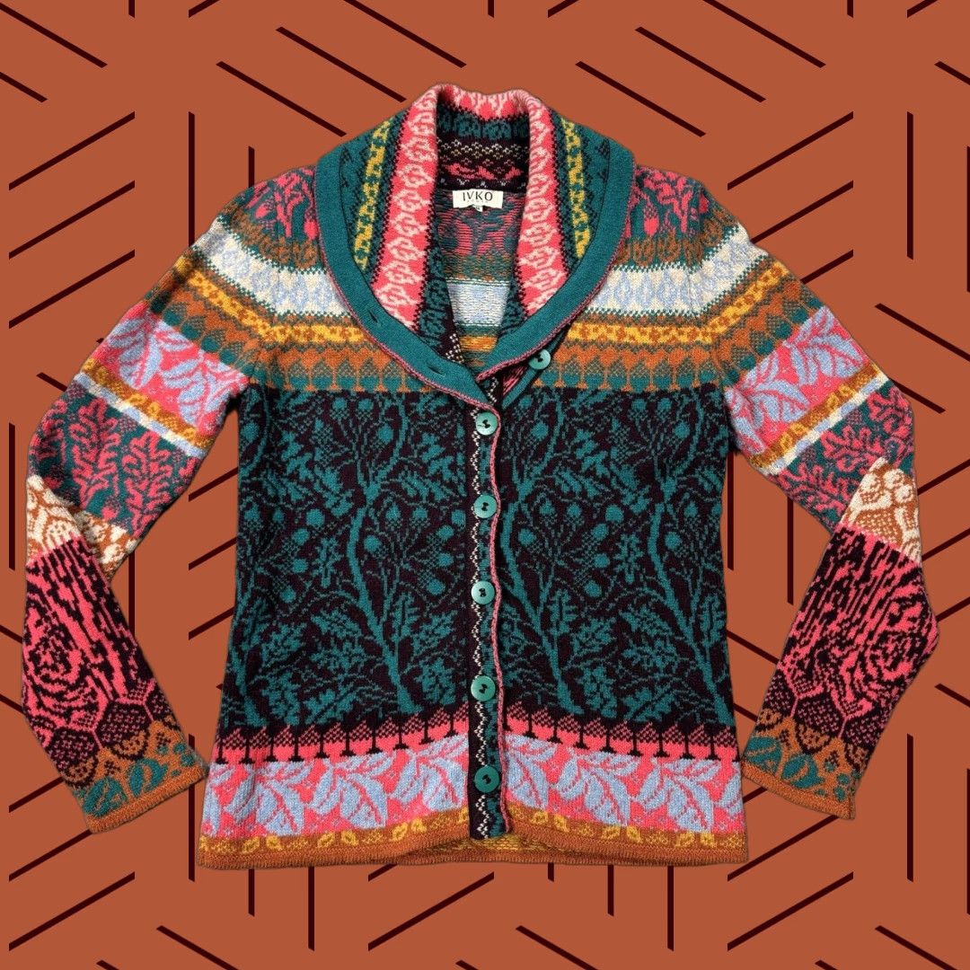 VINTAGE IVKO Women's Knit Cardigan Sweater Sz 38 All Seasons Tribal Floral Southwest Pattern