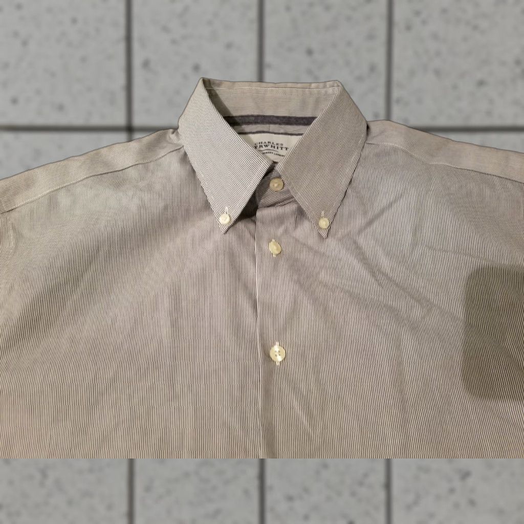 Charles Tyrwhitt Mens Charles Tyrwhitt Dress Shirt 17 35 Gray Stripes Button Cotton Shirt Mens Regular Color Gray Size 46R - 1 Thumbnail