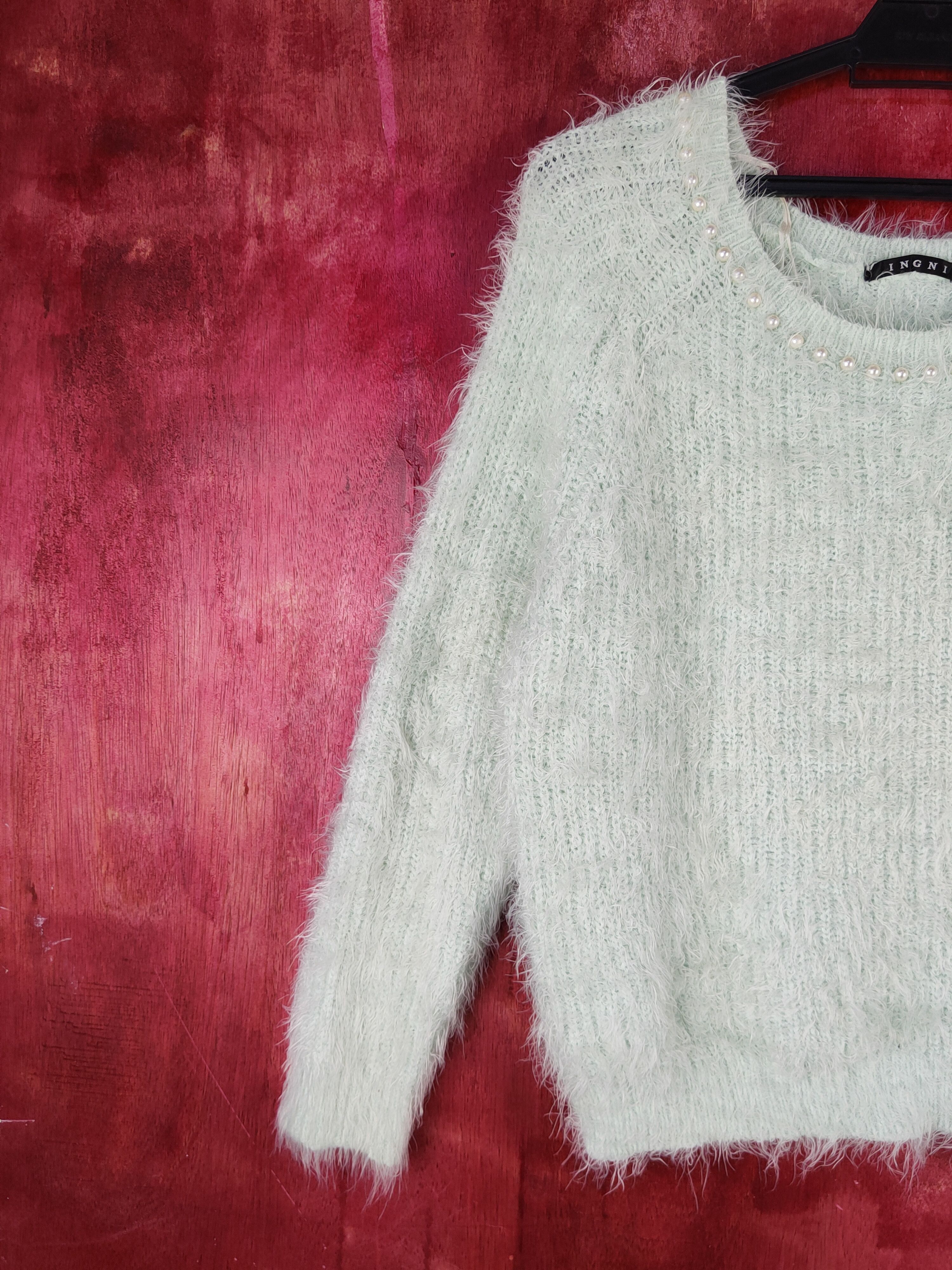 Homespun Knitwear Ingni Mint Green Shag Shaggy Fur Mohair Knitwear #S2056 Size S / US 4 / IT 40 - 3 Thumbnail