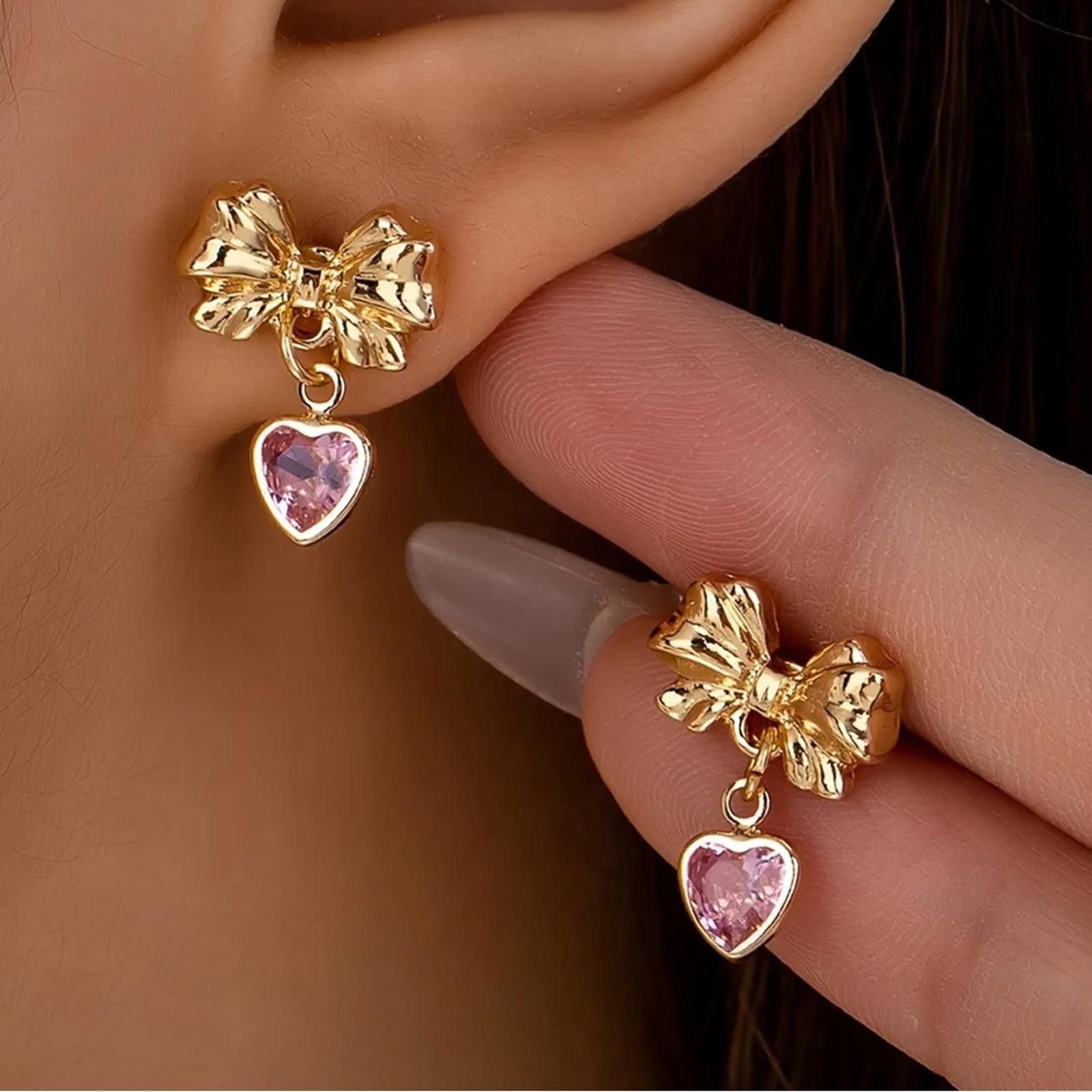 Designer Gold Bow Earrings with Pink Heart Charm Size ONE SIZE - 2 Thumbnail
