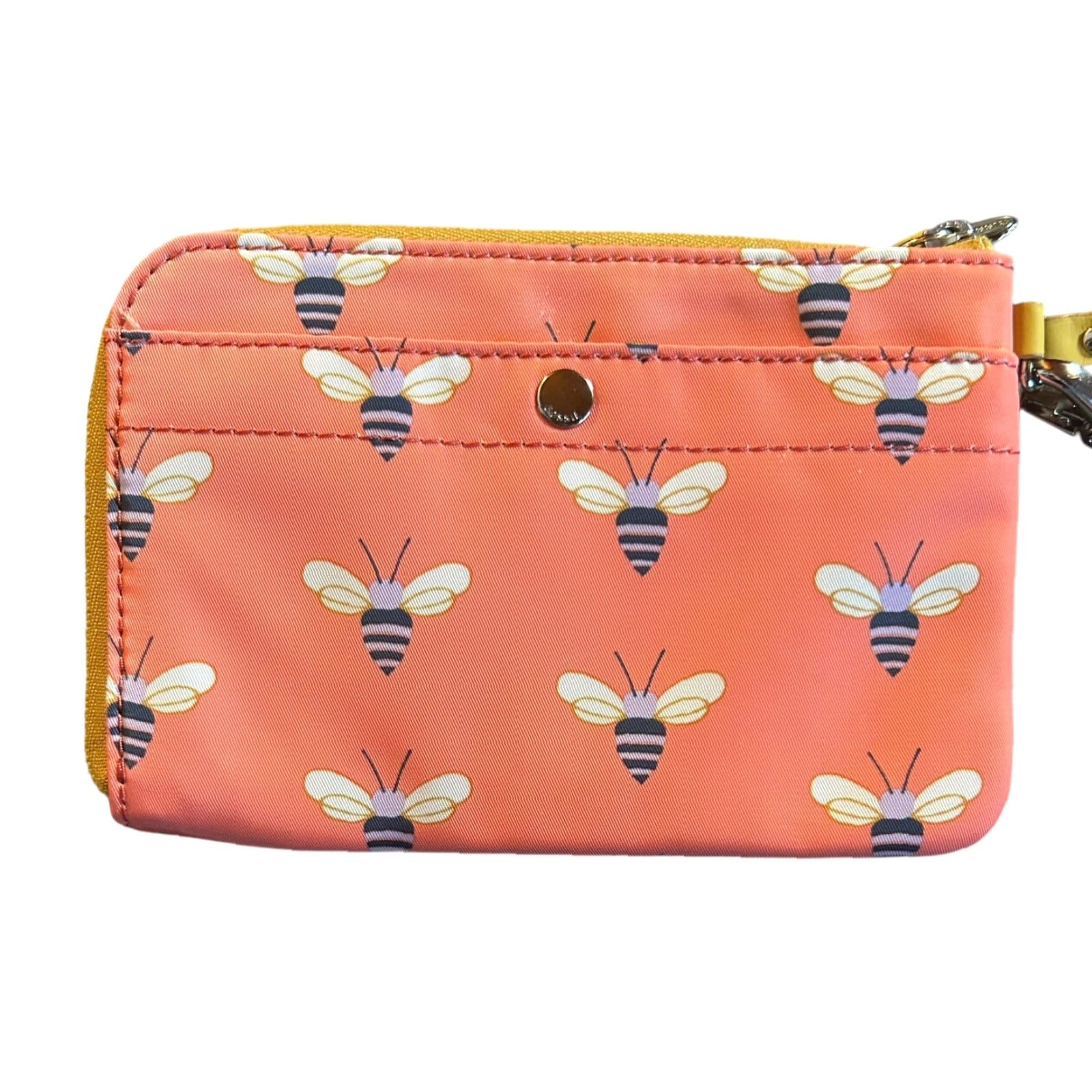 Fossil Fossil Wristlet Pink Purple Bumble Bees Print Zip Card Wallet Brown Strap Women Wristlet Size ONE SIZE - 2 Thumbnail