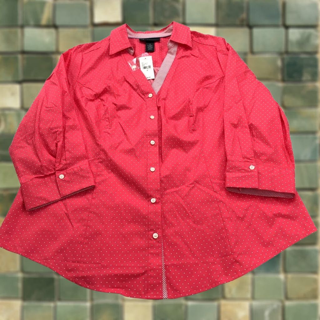 Vintage Lane Bryant Shirt Polka Dot Button-Up Plus 18 Pink Red Collared Long Sleeve Women’s Casual Vintage? No. Size XXL / US 16-18 / IT 52-54 - 1 Thumbnail