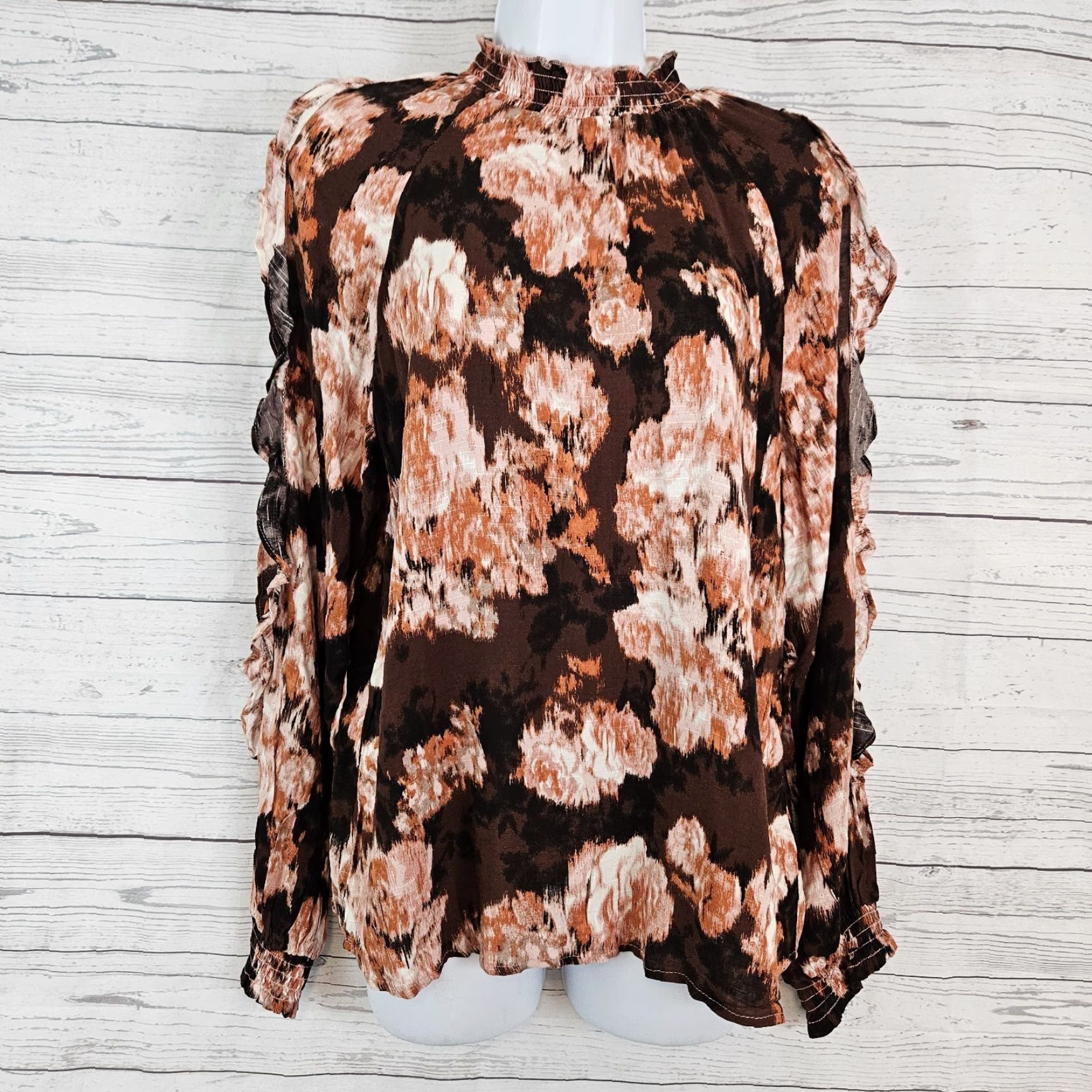 Vintage Maurices Womens Top Medium Pink Brown Split Sleeves High Neck Rayon Blouse Mens? Size M / US 6-8 / IT 42-44 - 2 Thumbnail