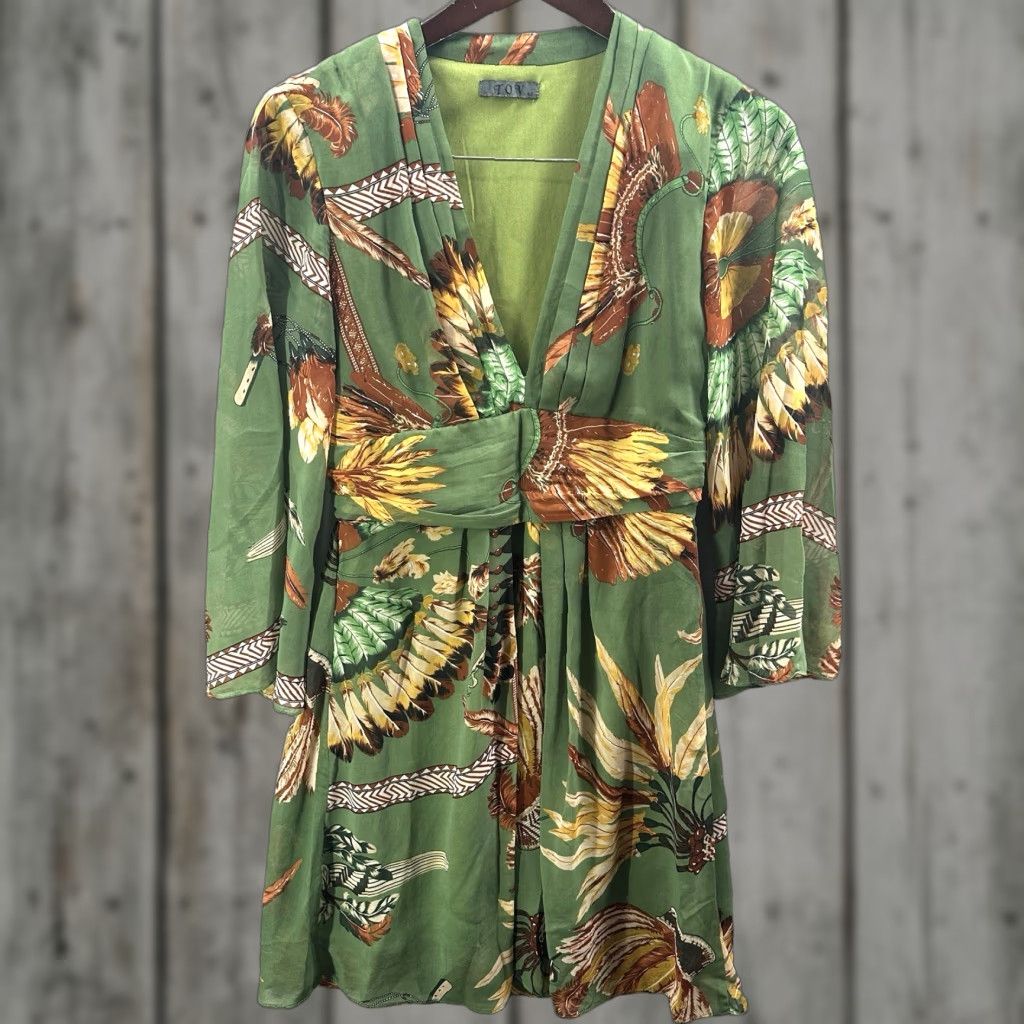 Vintage TOV Dress Womens S Green Silk Lined Feather Bohemian V-Neck Knee Length Vintage No Size S / US 4 / IT 40 - 1 Thumbnail