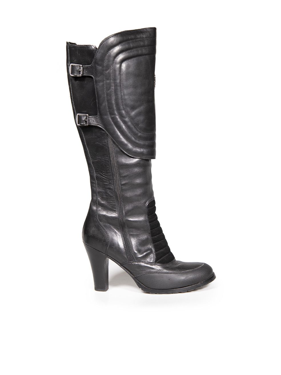 image of Belstaff Black Leather Logo Buckled Knee Boots, Women's (Size 9)