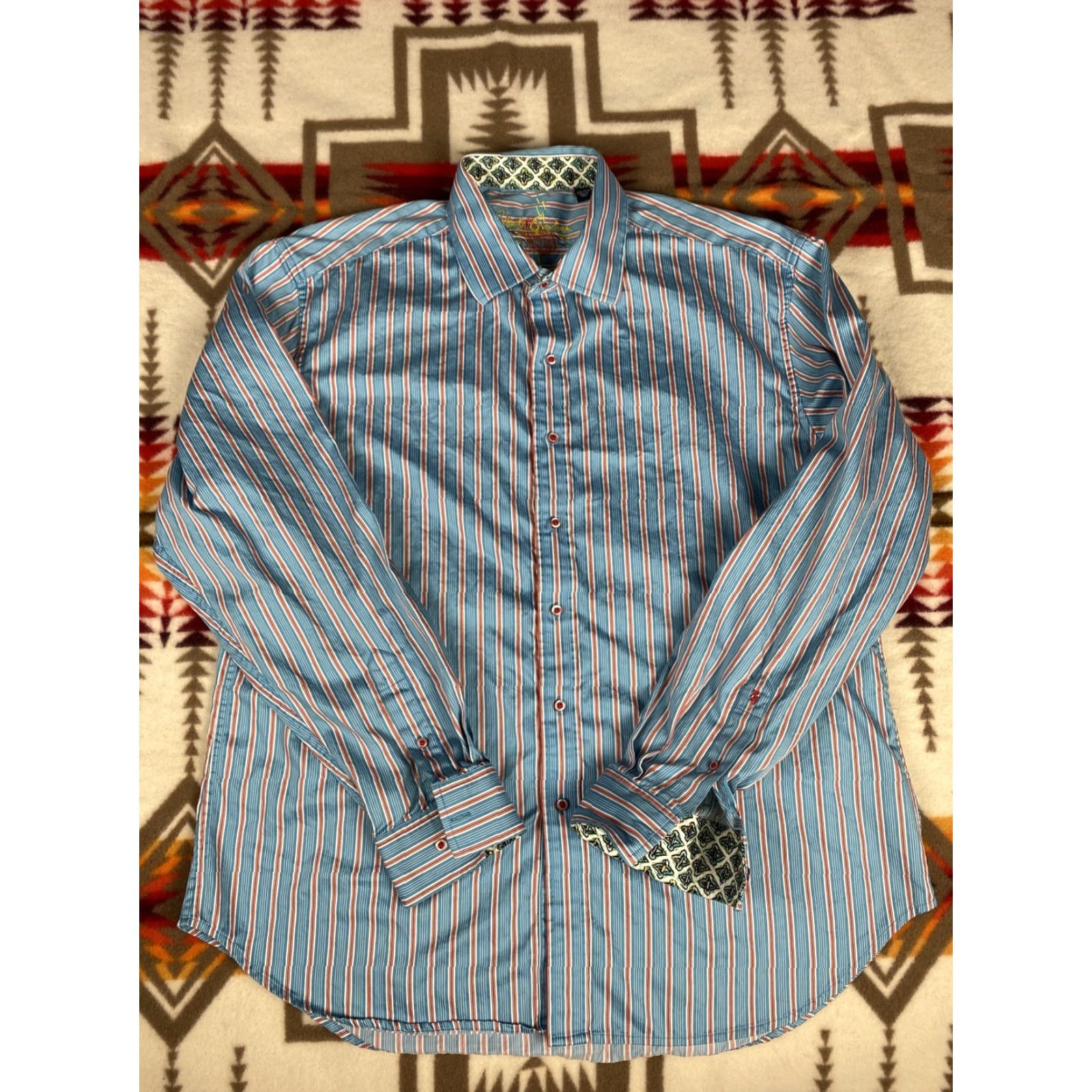 Robert Graham Robert Graham Mens Dress Shirt Long Sleeve Sz 2XL Aqua Orange Stripes Cuffs Size 48R - 2 Thumbnail