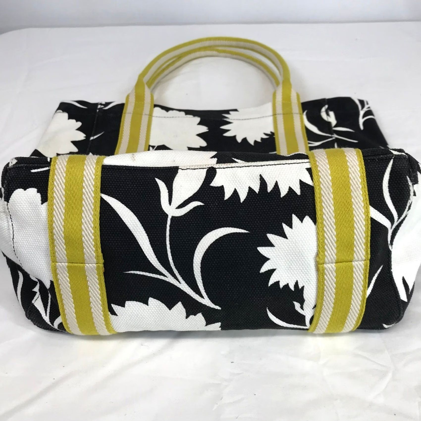 Vintage Bag Black White Floral Canvas Tote Yellow Stripe Shoulder Handles Ao907 Size ONE SIZE - 4 Thumbnail