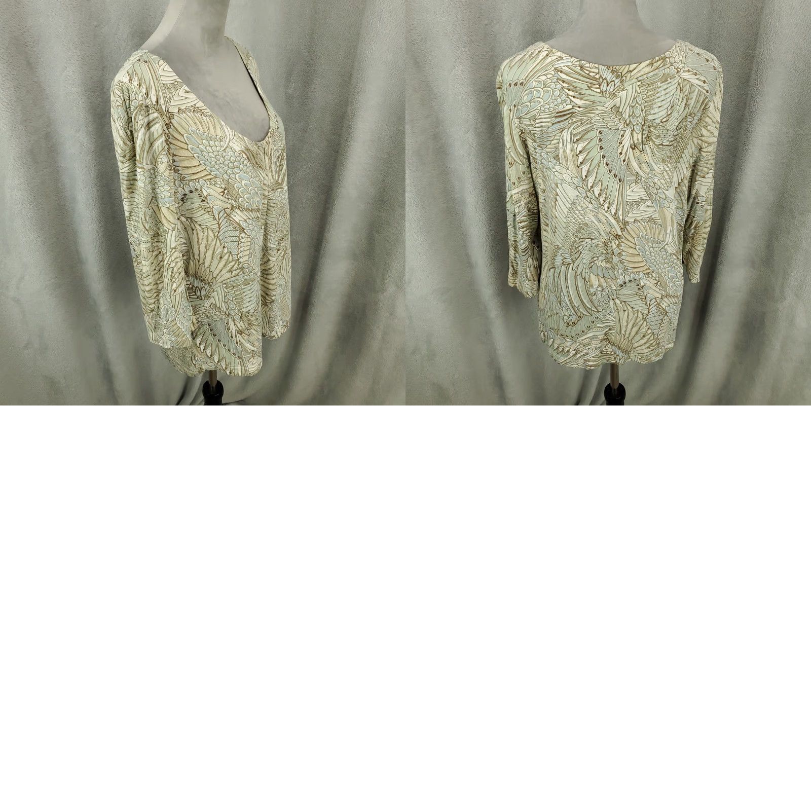 Vintage Chicos Blouse Womens XL Tan Ivory Wing Feather Print Scoop Neck Top 3 Size XL / US 12-14 / IT 48-50 - 8 Thumbnail