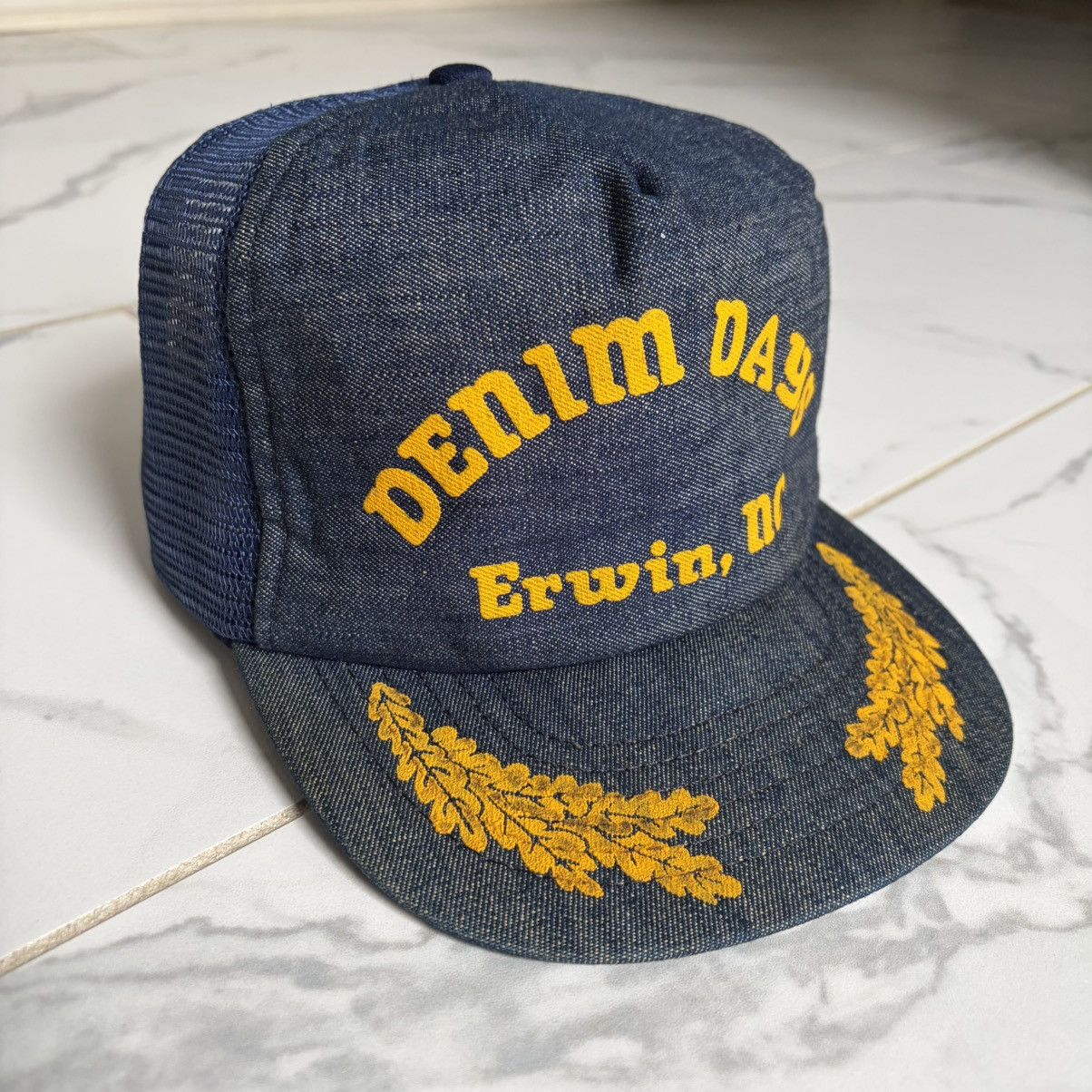 Vintage Vintage 1970s 70s Denim Days Erwin, NC Trucker Hat Gold Leaf Size ONE SIZE - 1 Thumbnail