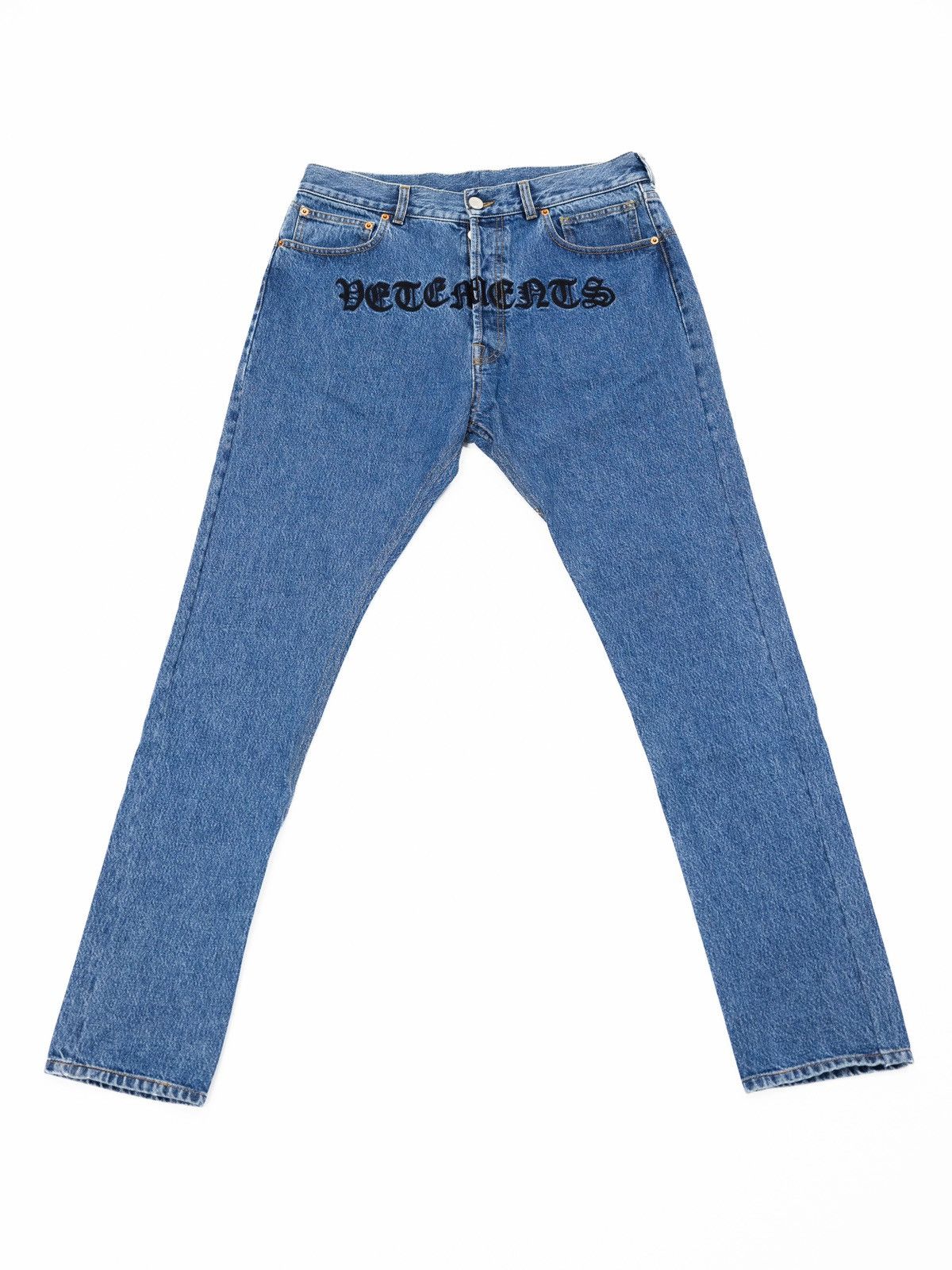 image of Vetements Gothic Logo Denim in Blue, Men's (Size 34)