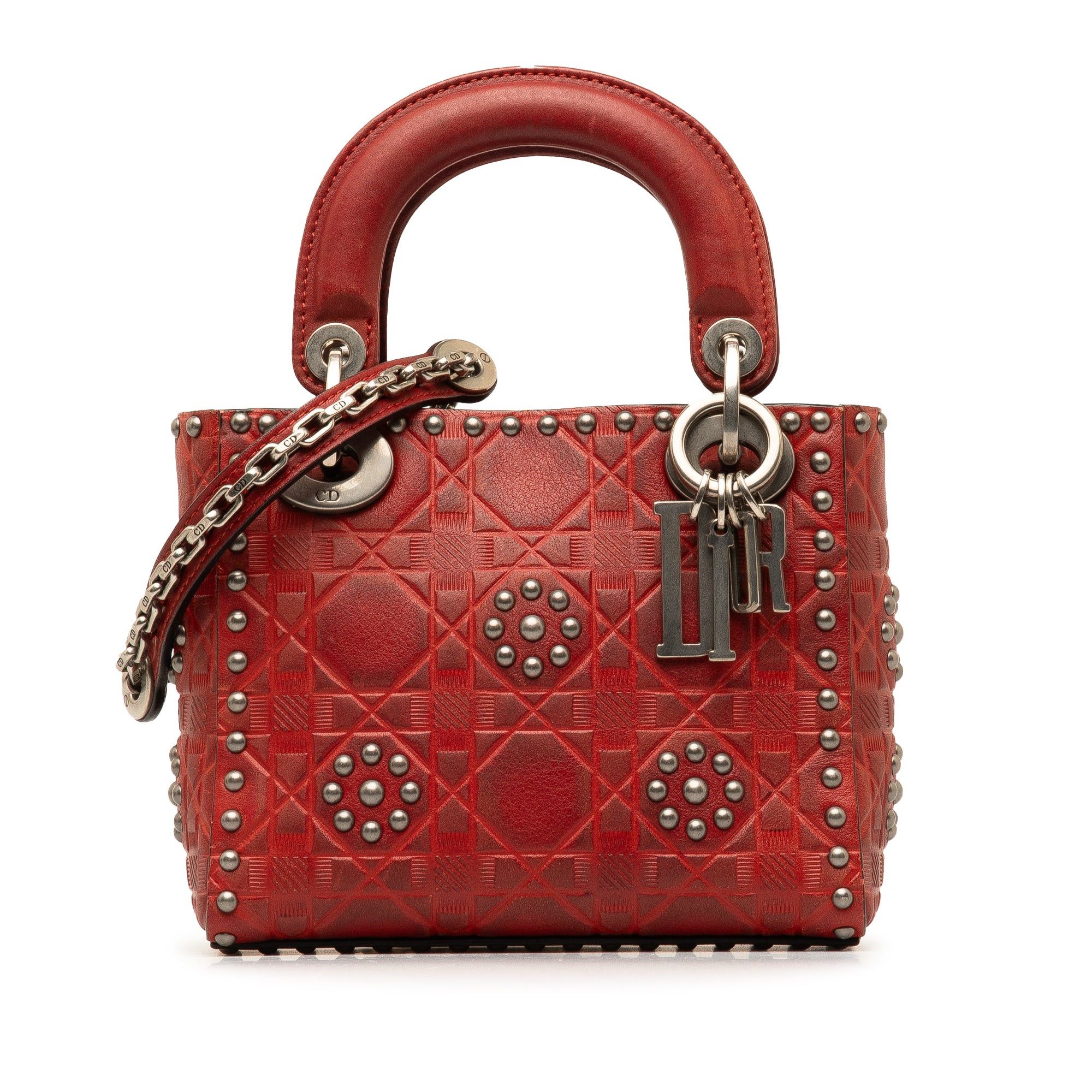 Dior Mini Embossed Calfskin Cannage Studded Lady Dior Red