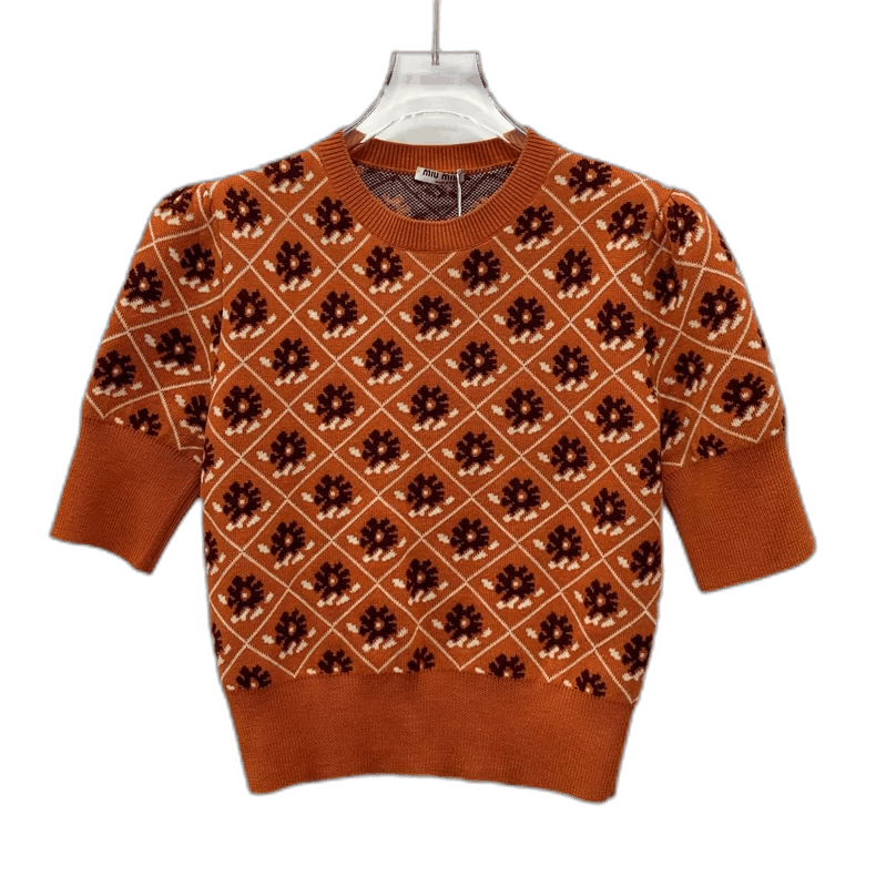 Miu Miu MiuMiu Orange Floral Knit Short Sleeve Sweater Size S / US 4 / IT 40 - 1 Thumbnail