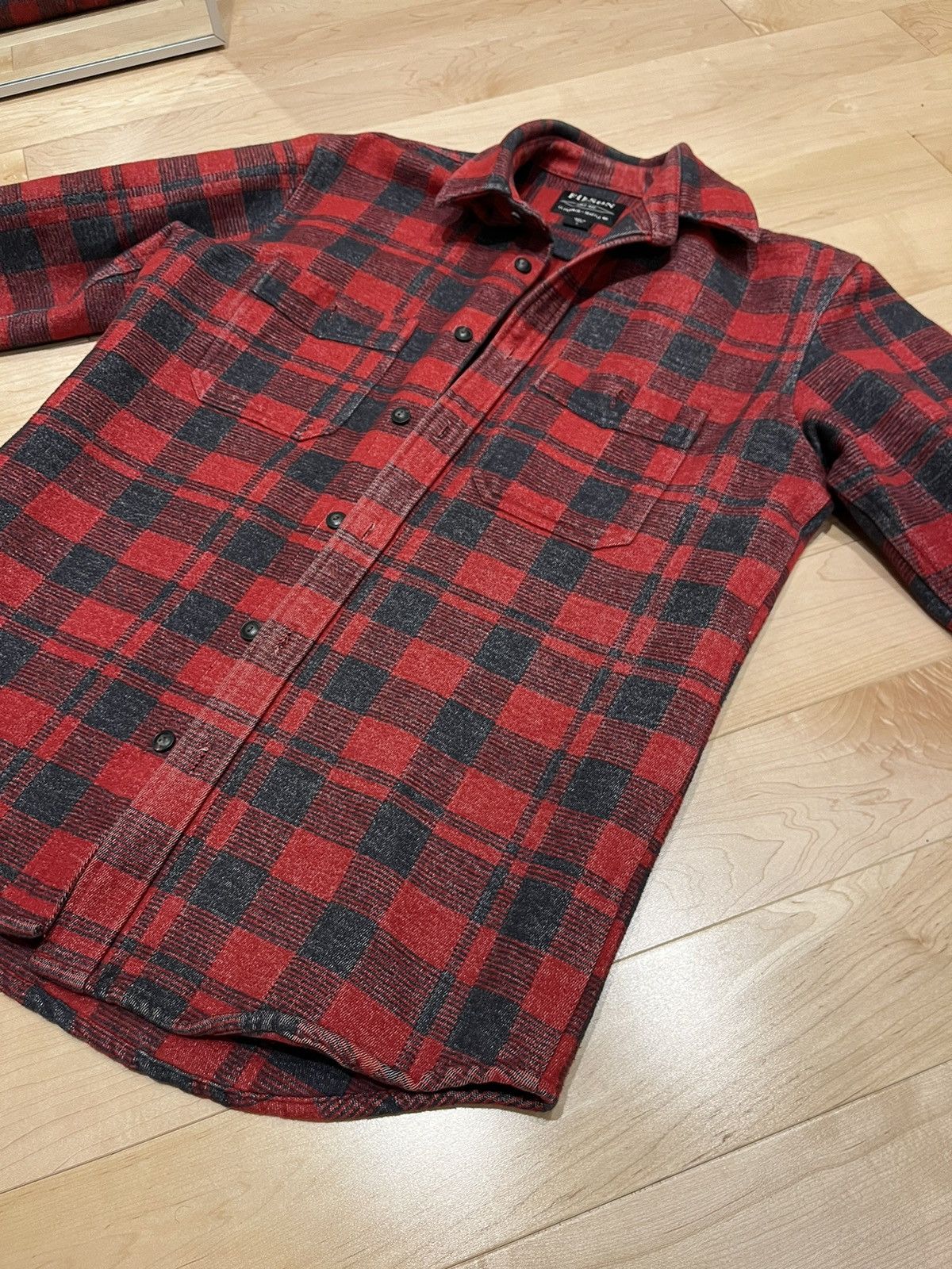 image of Filson Mackinaw Red/black Overshirt in Red Gray Black, Men's (Size Small)