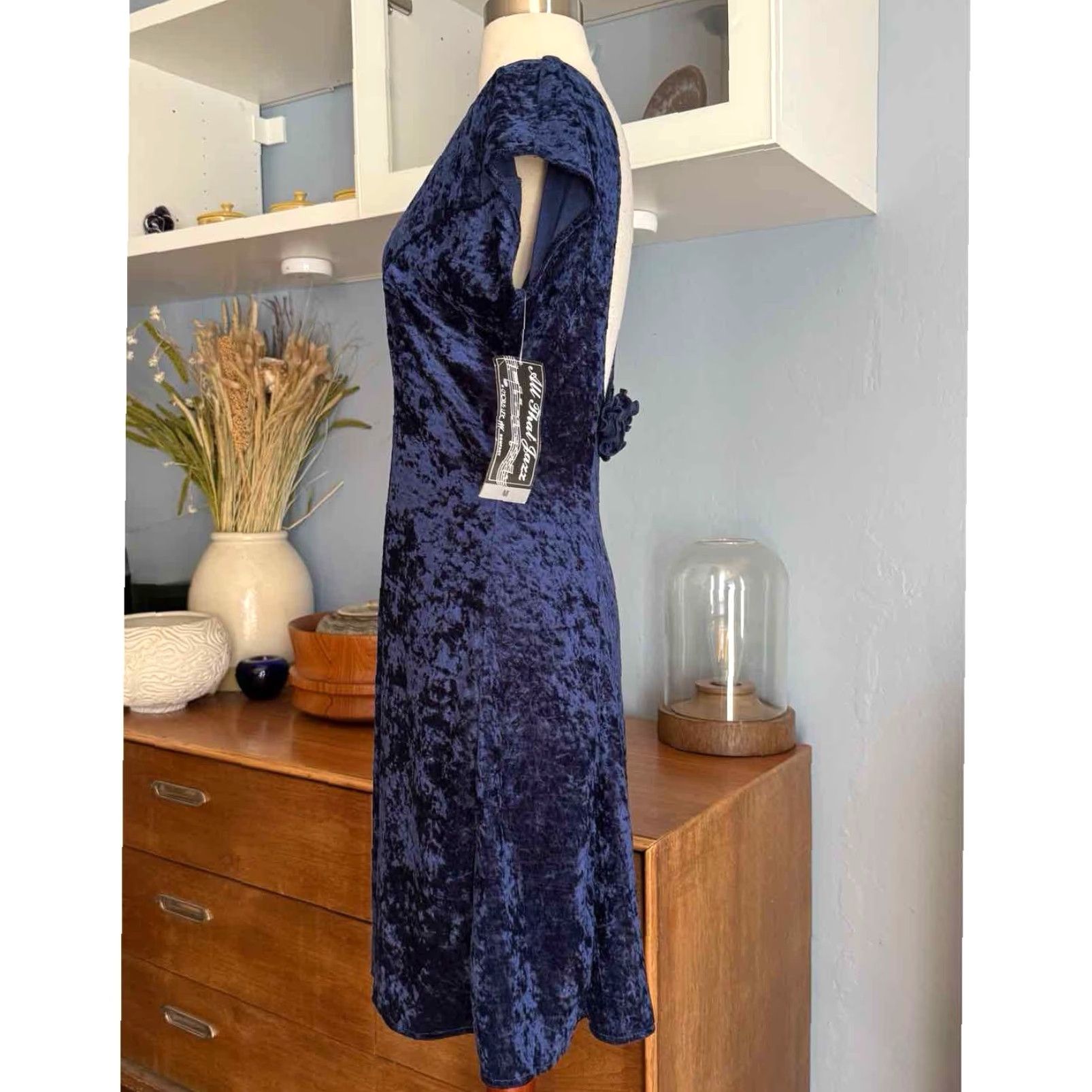 Vintage VINTAGE All That Jazz Dress Whimsygoth 90s Blue Crushed Velvet Mini Fit & Flare Short Sleeve Size M / US 6-8 / IT 42-44 - 3 Thumbnail