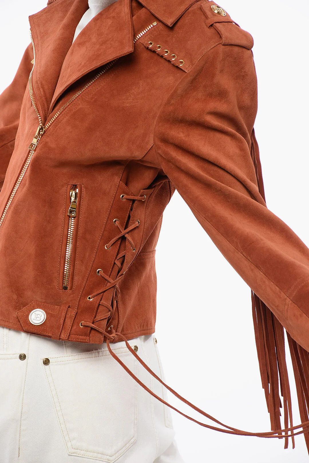 Balmain og1mm0326 Fringed Suede Biker Jacket in Orange Size S / US 4 / IT 40 - 3 Thumbnail
