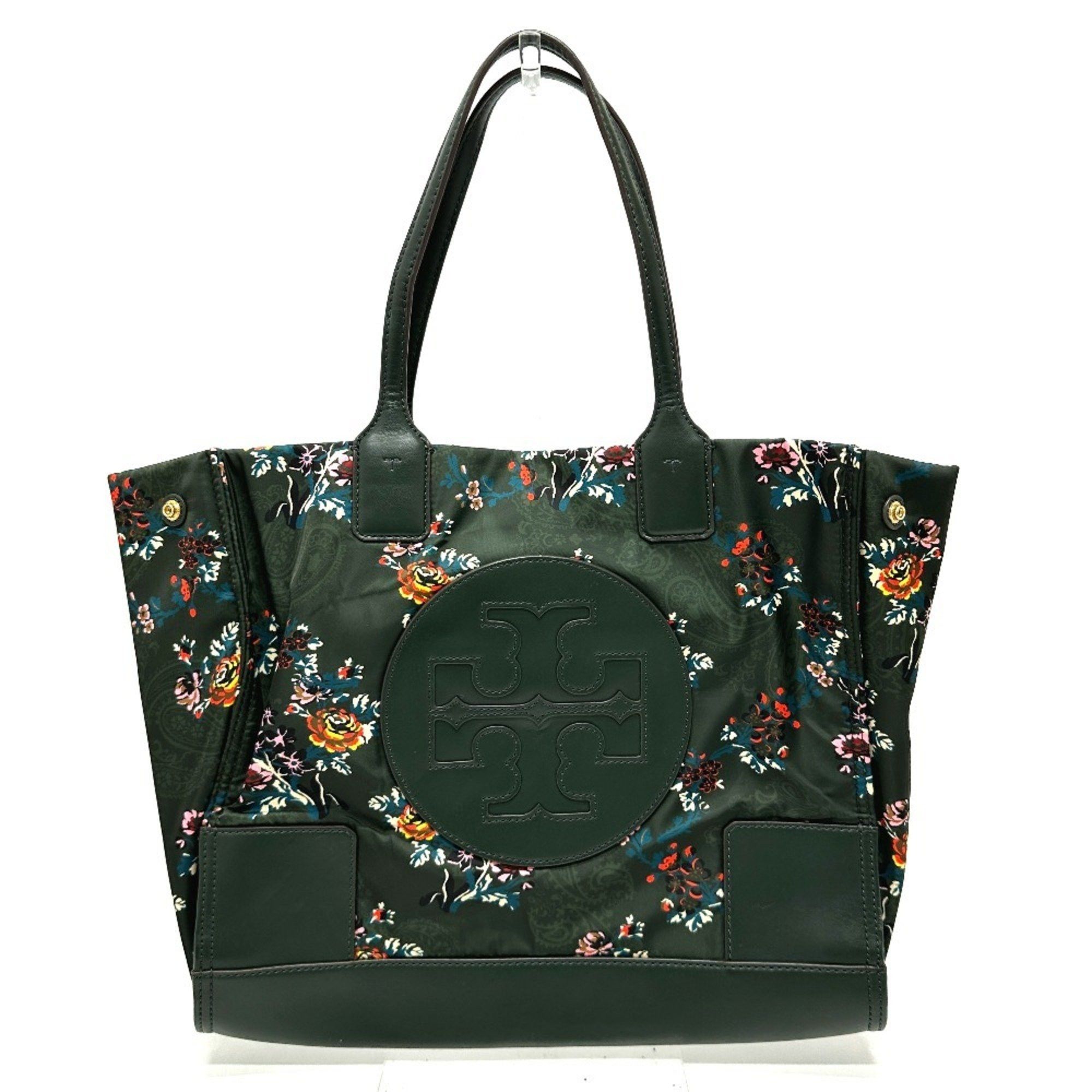 Tory Burch Logo Floral Print Bag Handbag Flower Paisley Tote Leather Nylon Women's Khaki in Beige