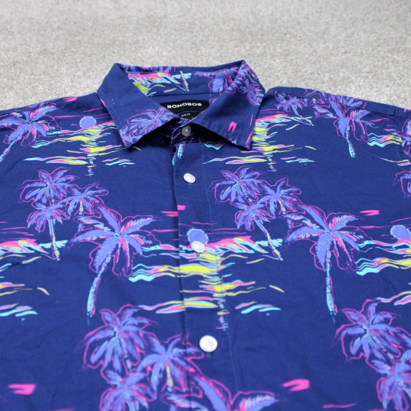Bonobos Bonobos Slim Fit Button-Up Shirt Mens XL Purple Palm Trees Floral Short Sleeve Cotton Nylon Stretch Casual Travel Button-Down Size US XL / EU 56 / 4 - 4 Thumbnail