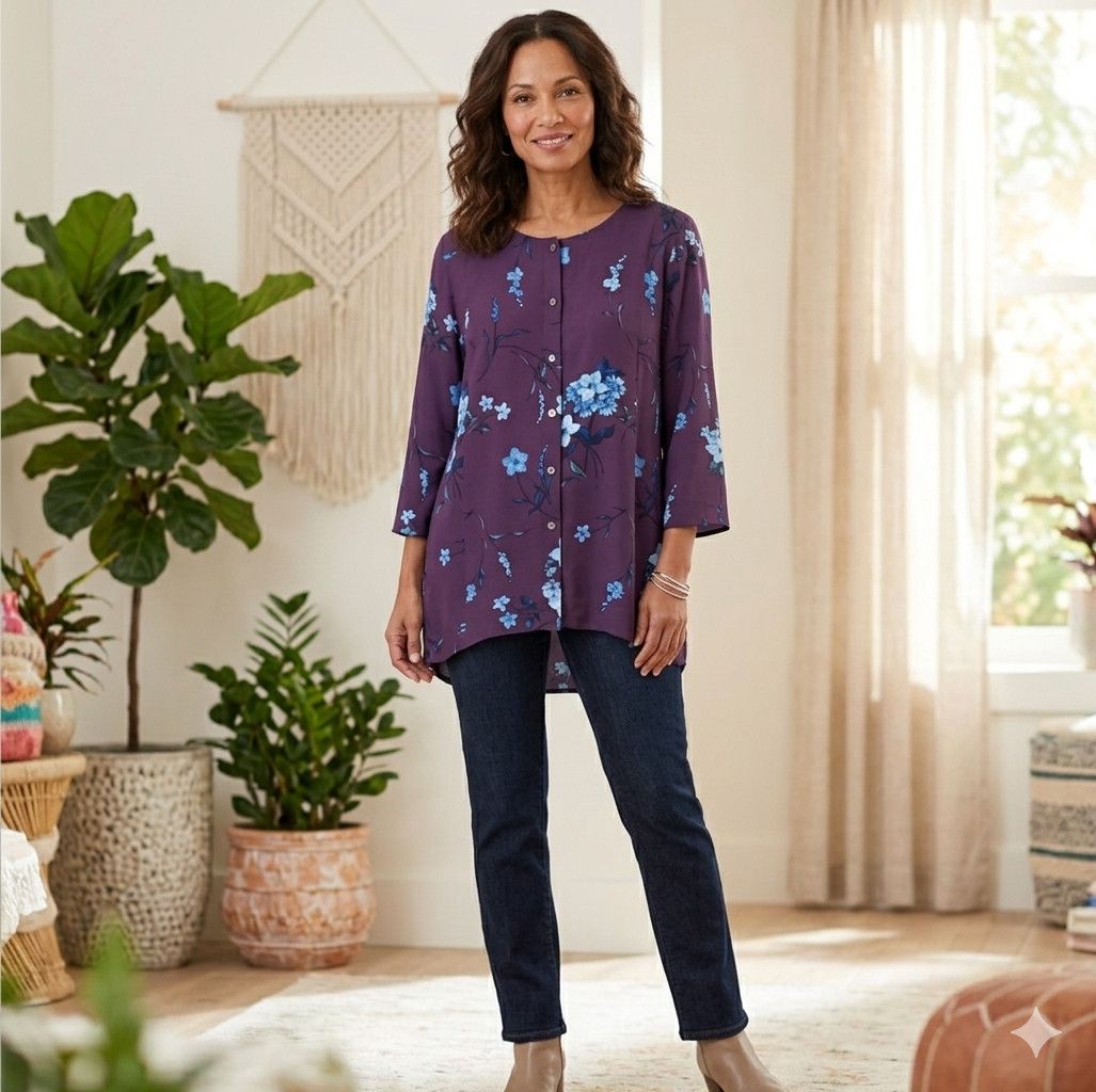 J. Jill J. Jill Size M Tunic Top Blouse Button Down Purple Blue Size M / US 6-8 / IT 42-44 - 2 Thumbnail