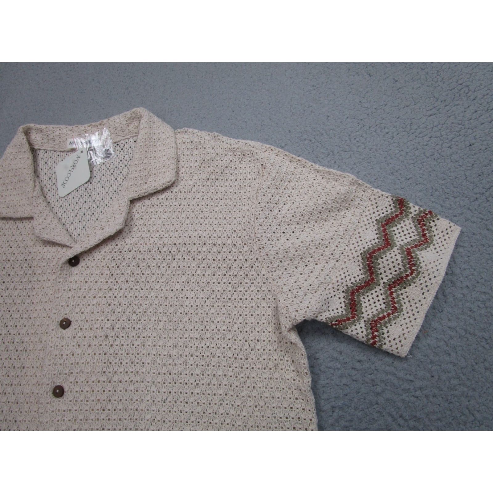 Vintage Morsecode Shirt Mens M Beige Crochet Knit Button up rockabilly indie beach boho Shirt Button-Up Vintage No? Size US M / EU 48-50 / 2 - 2 Thumbnail