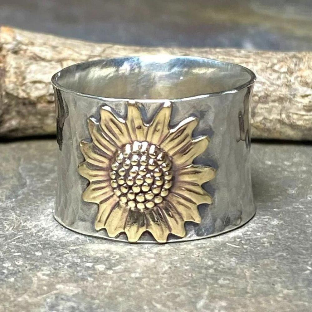 Designer Vintage Carved Yellow Sunflower Silver Flower Ring - Size 7 Size ONE SIZE - 3 Thumbnail