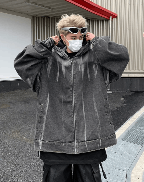 Hooded Wash Distressed Denim Jacket