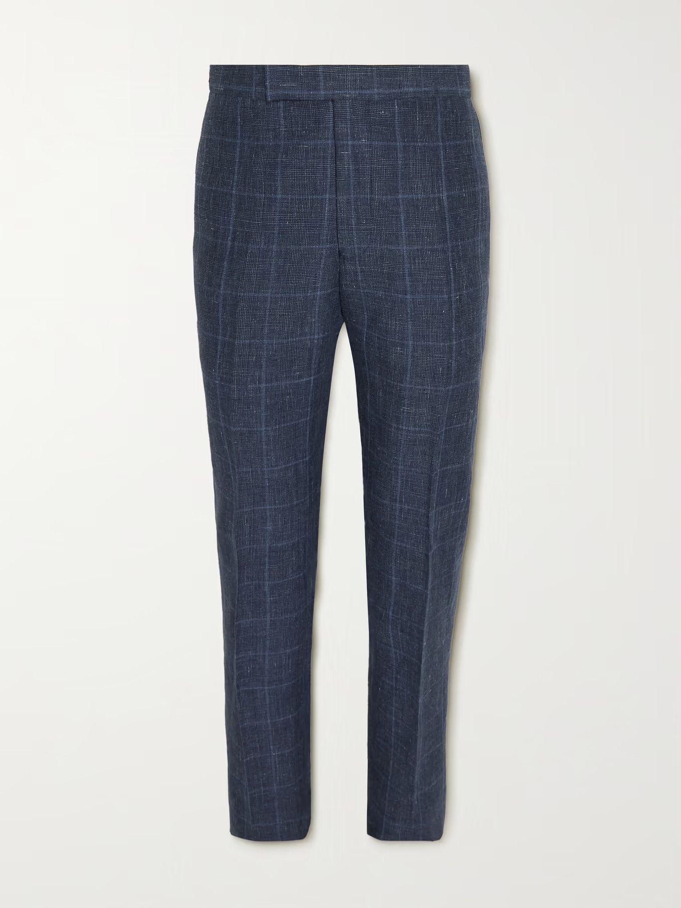 image of Richard James Tapered Prince Of Wales Checked Linen And Wool Suit Trousers in Blue, Men's (Size 32)