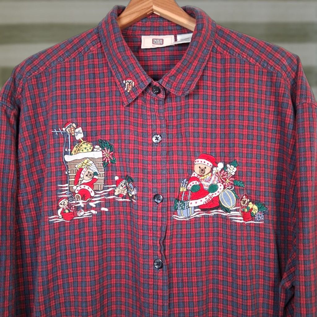 Faded Glory Faded Glory Christmas Shirt Women Plus Size 22/24W Red Plaid Santa Bear Button-Up Embroidered Holiday Blouse Size 3XL / US 20-22 - 1 Thumbnail