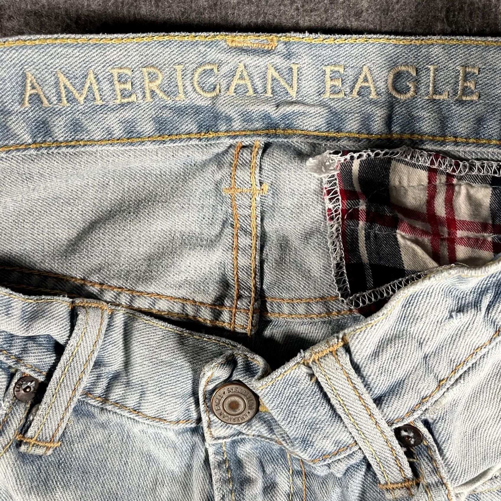 Vintage American Eagle Jeans Mens 29x29 Low Loose Relaxed Straight Distressed Blue Denim Pockets Distressed Plaid Patch Y2K Thrash Live Your Life Mens Jeans Size US 29 - 6 Thumbnail