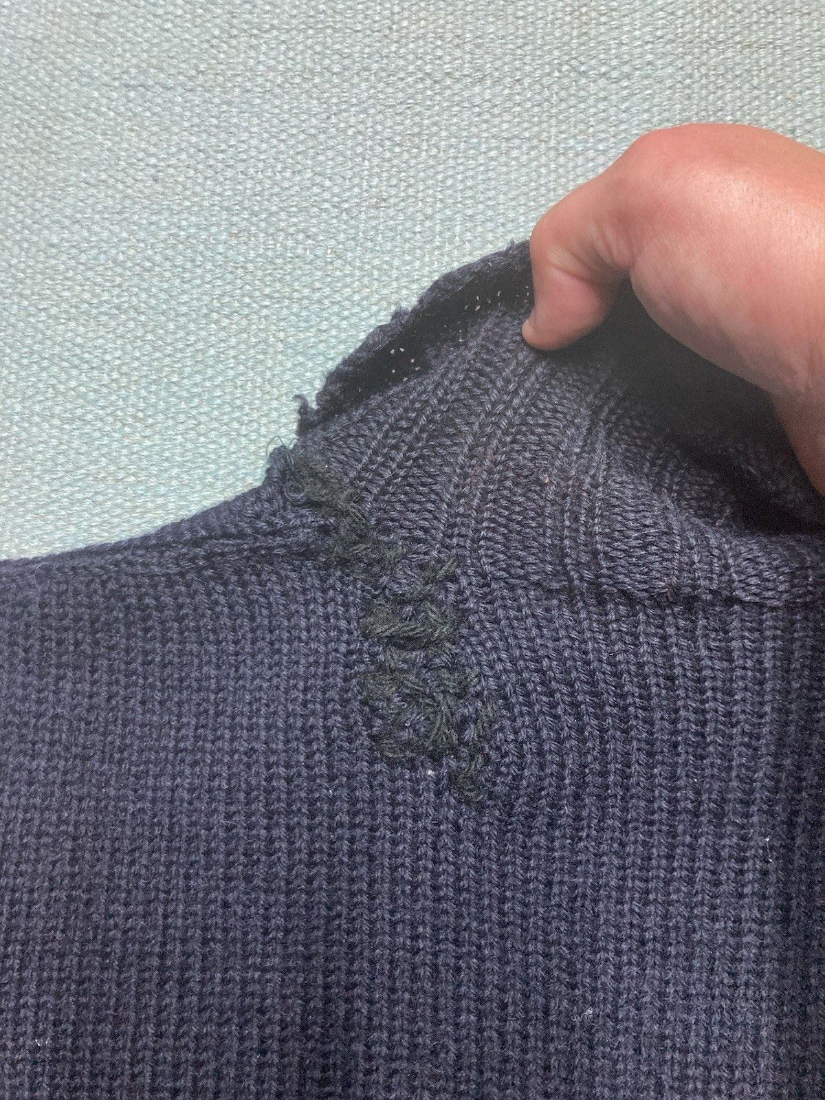 Vintage 1950s wool knit sweater navy blue distressed repaired medium Size US M / EU 48-50 / 2 - 11 Thumbnail