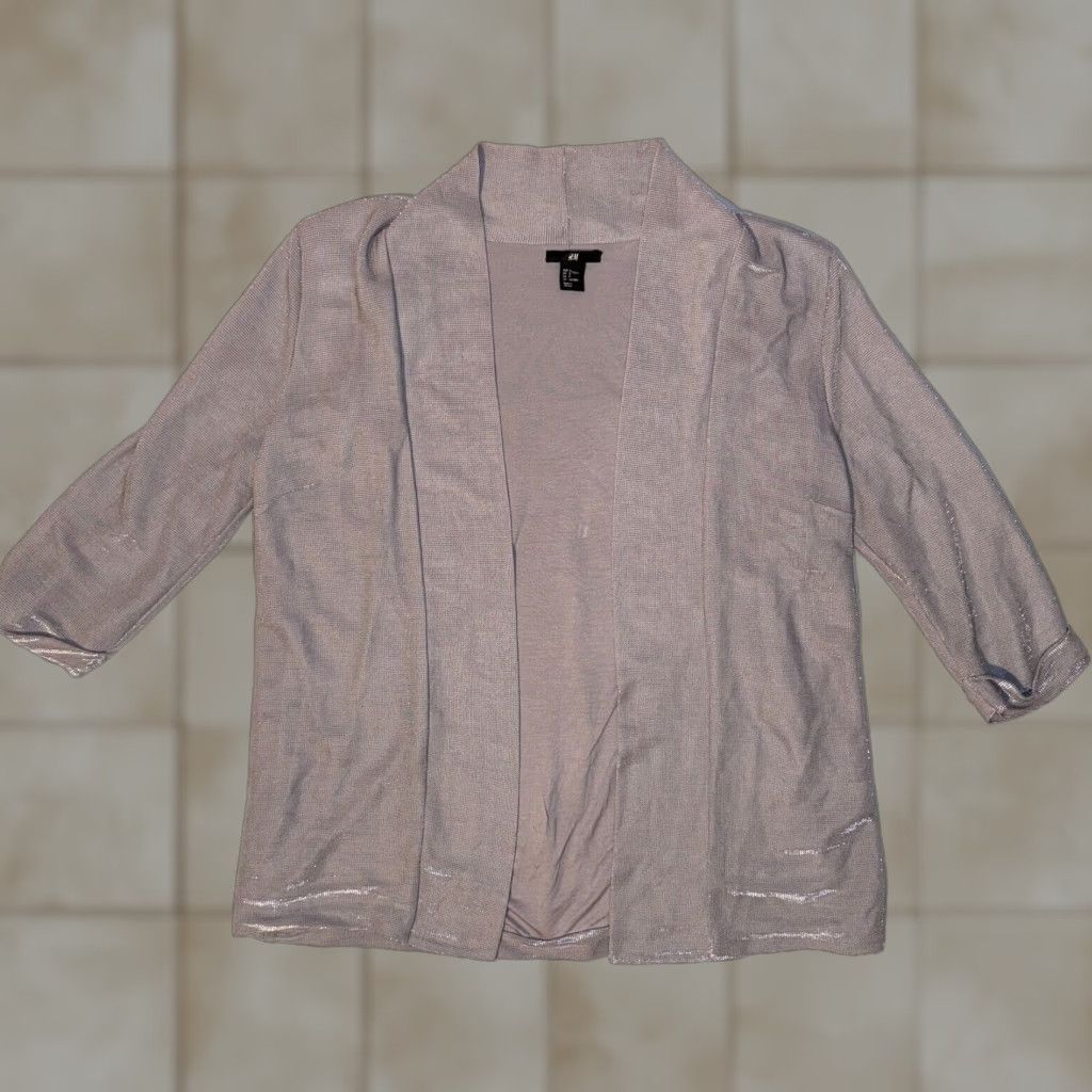 H&M H&M Shirt - Silver Shimmer 3/4 Sleeve Open Front Cardigan Top S - Casual Women - Solid Logo Pattern - All Seasons - Shoulder Pads Size S / US 4 / IT 40 - 1 Thumbnail