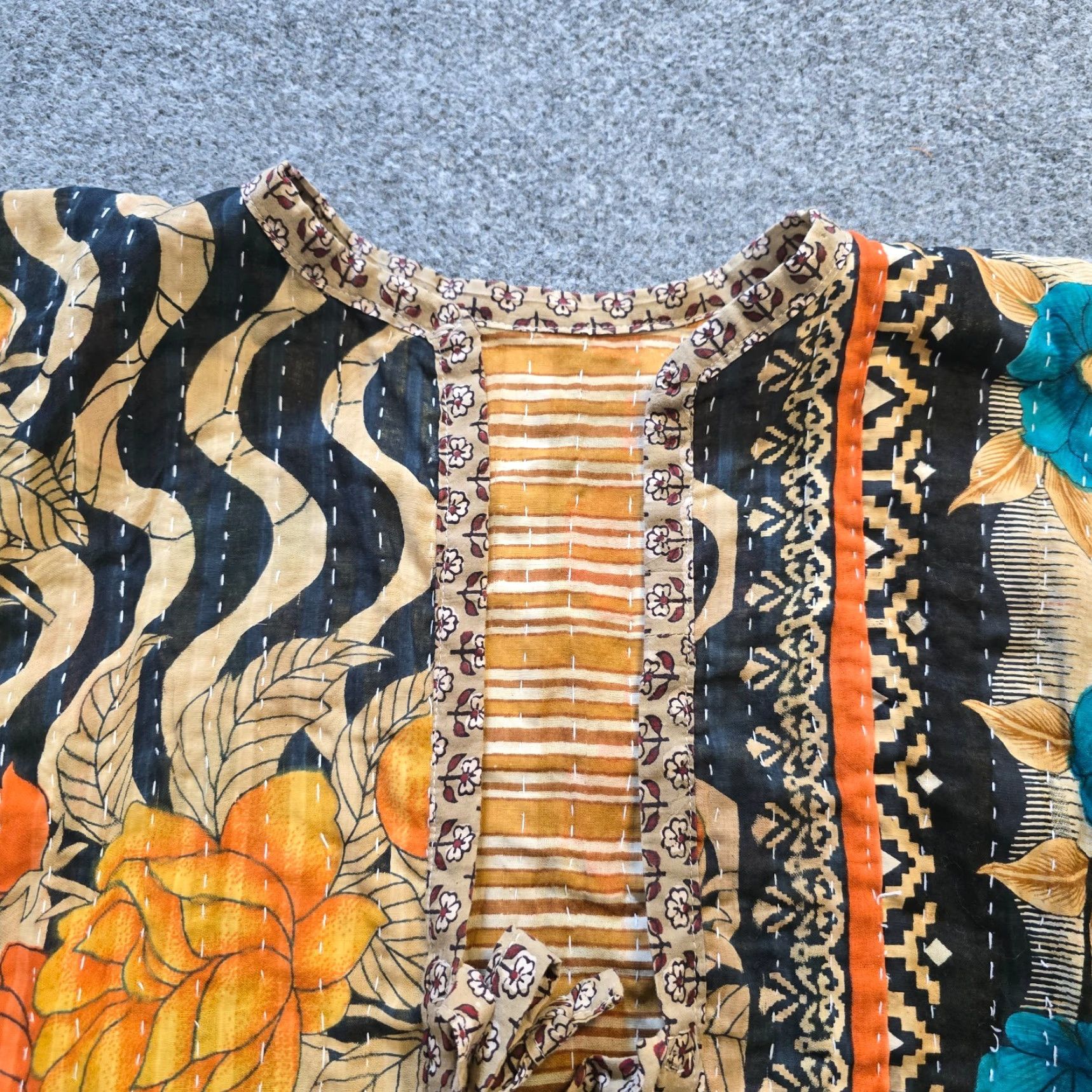 Vintage Quilted Jacket Womens 1X Brown Green Floral Patchwork Open Kimono Sleeve Jacket Coat Casual Bohemian Style Womens Size XL / US 12-14 / IT 48-50 - 2 Thumbnail
