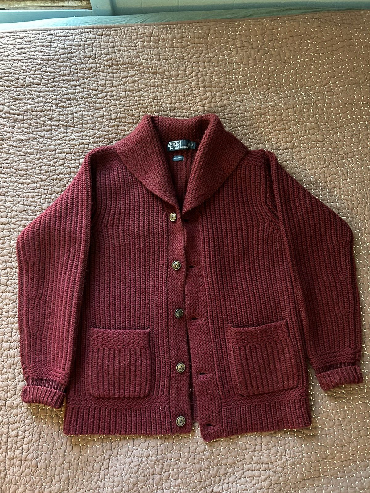 image of Polo Ralph Lauren Chunky Knit Polo Cardigan Size Small Wool Maroon in Red, Men's