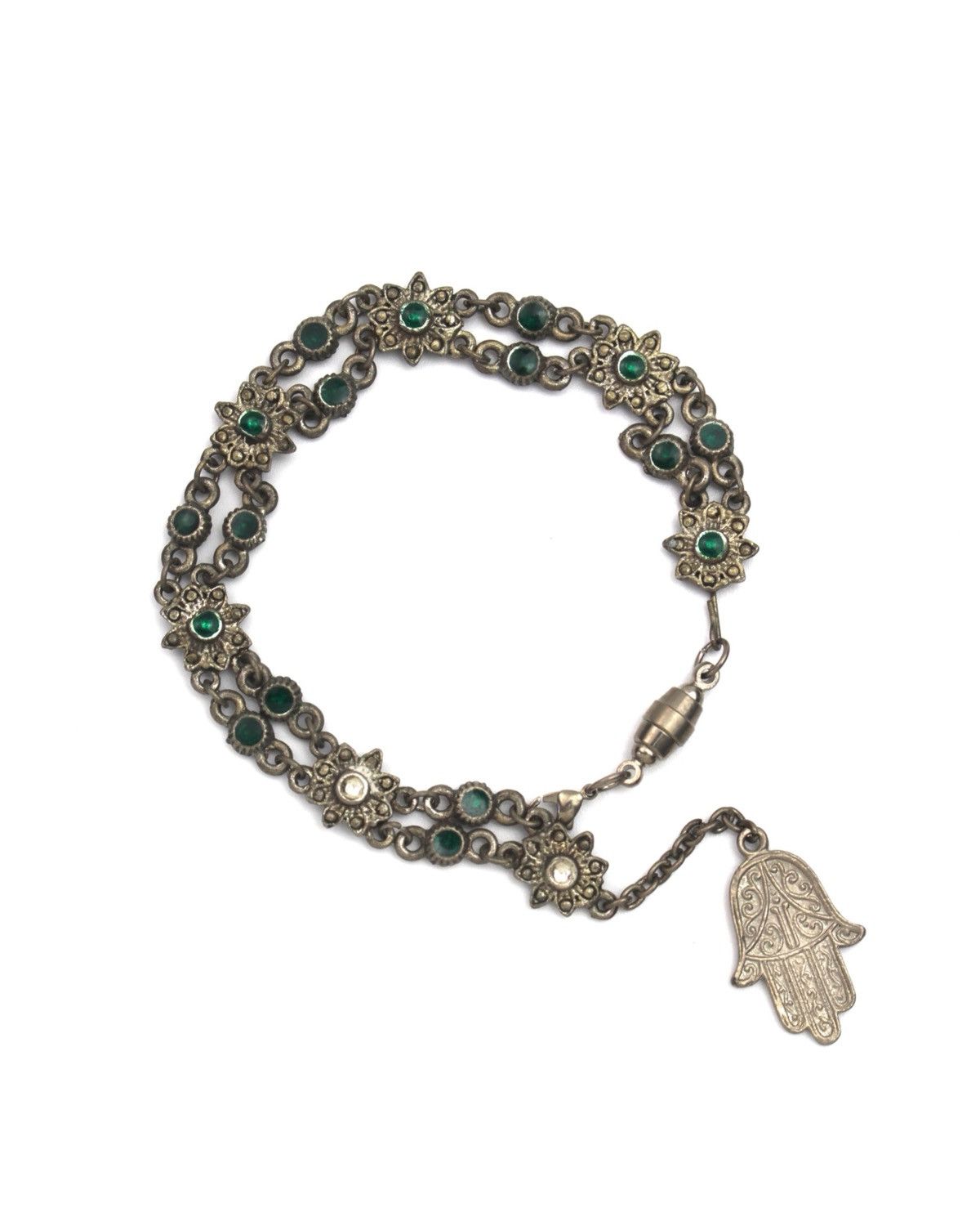 Vintage 2000S JAPANESE MADE EMERALD FLORAL LINK HAMSA BRACELET Size ONE SIZE - 1 Thumbnail