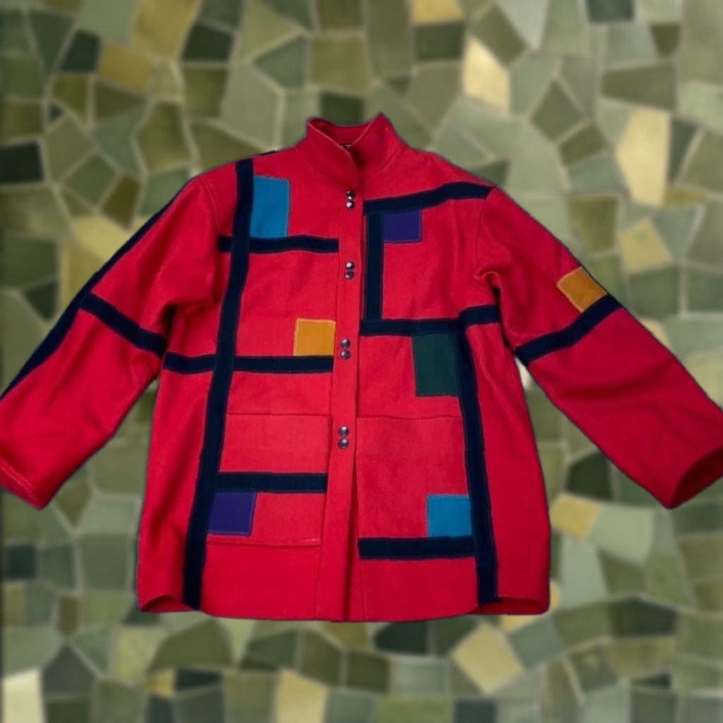 VINTAGE International Scene Wool Patchwork Jacket Womens 80s Plaid Red Classic Casual