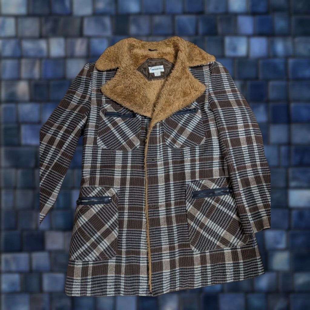 Vintage VINTAGE 70s Plaid Coat Gingham Road Boho Faux Fur Brown Suede L/XL Womens Coat Size L / US 10 / IT 46 - 1 Thumbnail