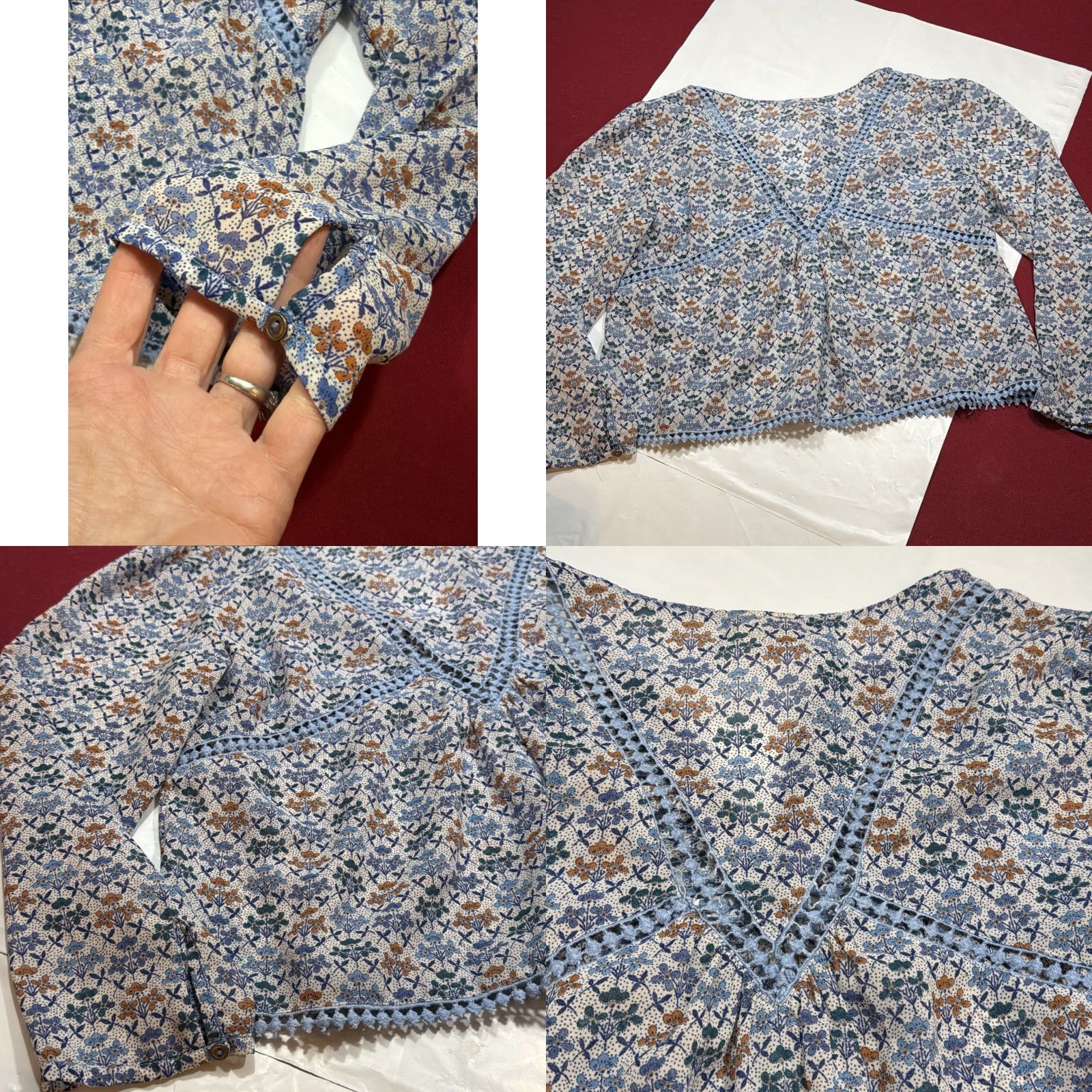 Vintage Holding Horses Blouse Women's Sz 8 Cropped Blue Floral Lace Crochet Long Sleeve Bohemian V Neck Top Size M / US 6-8 / IT 42-44 - 9 Thumbnail
