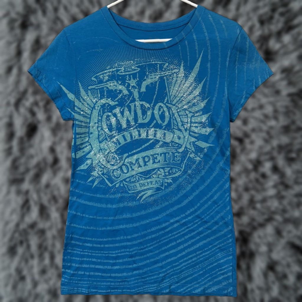 Etro VINTAGE Cowboy Militia Shirt XL Blue Striped T-Shirt Womens Slim Crew Neck Short Sleeve Western Graphic Compete To Defeat Size XL / US 12-14 / IT 48-50 - 1 Thumbnail