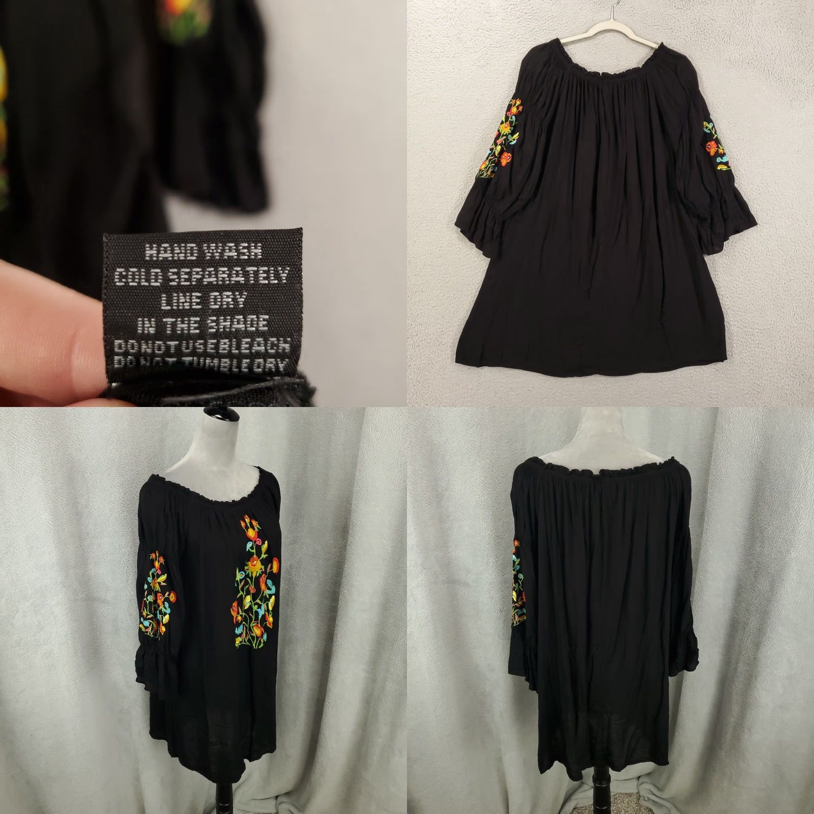 Vintage Raviya Womens Black Boho Blouse Medium 3/4 Sleeve Embroidered Floral Boat Neck Tunic Size M / US 6-8 / IT 42-44 - 8 Thumbnail