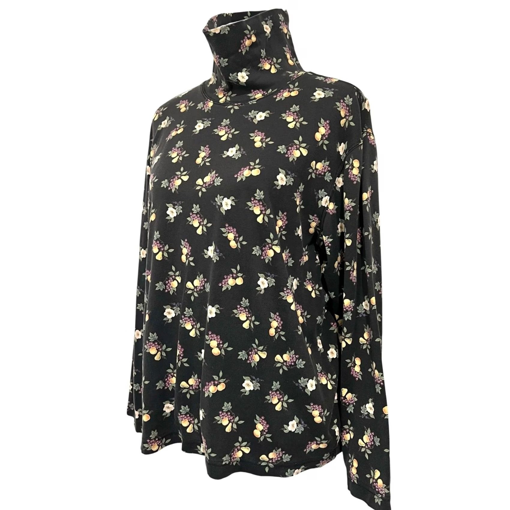 Talbots VINTAGE Talbots Fruit & Floral Pattern Turtleneck Women’s XL Black 100% Cotton Blouse Size XL / US 12-14 / IT 48-50 - 4 Thumbnail