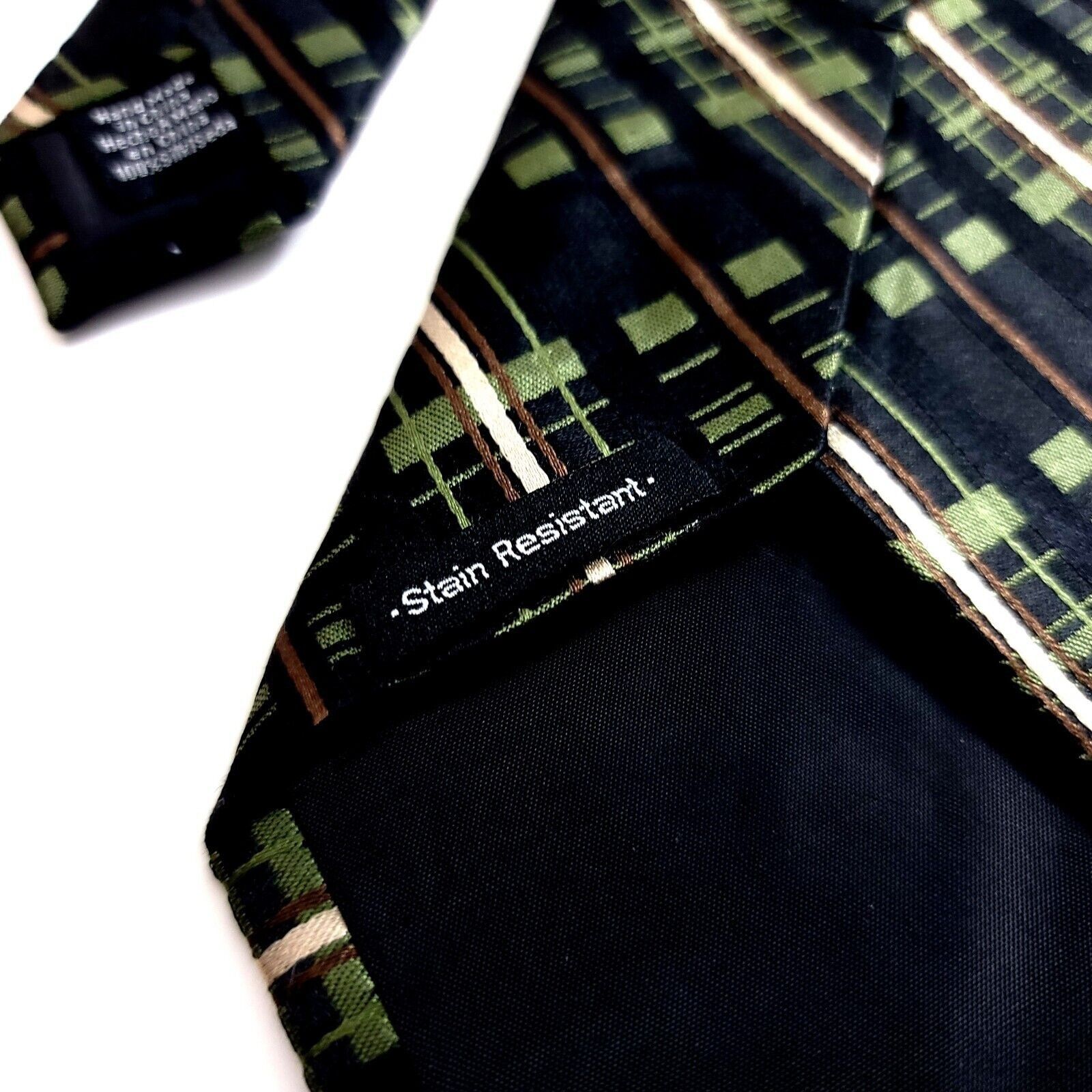Van Heusen Van Heusen Green Black Plaid Woven Silk Tie Stain Resistant Size ONE SIZE - 6 Thumbnail