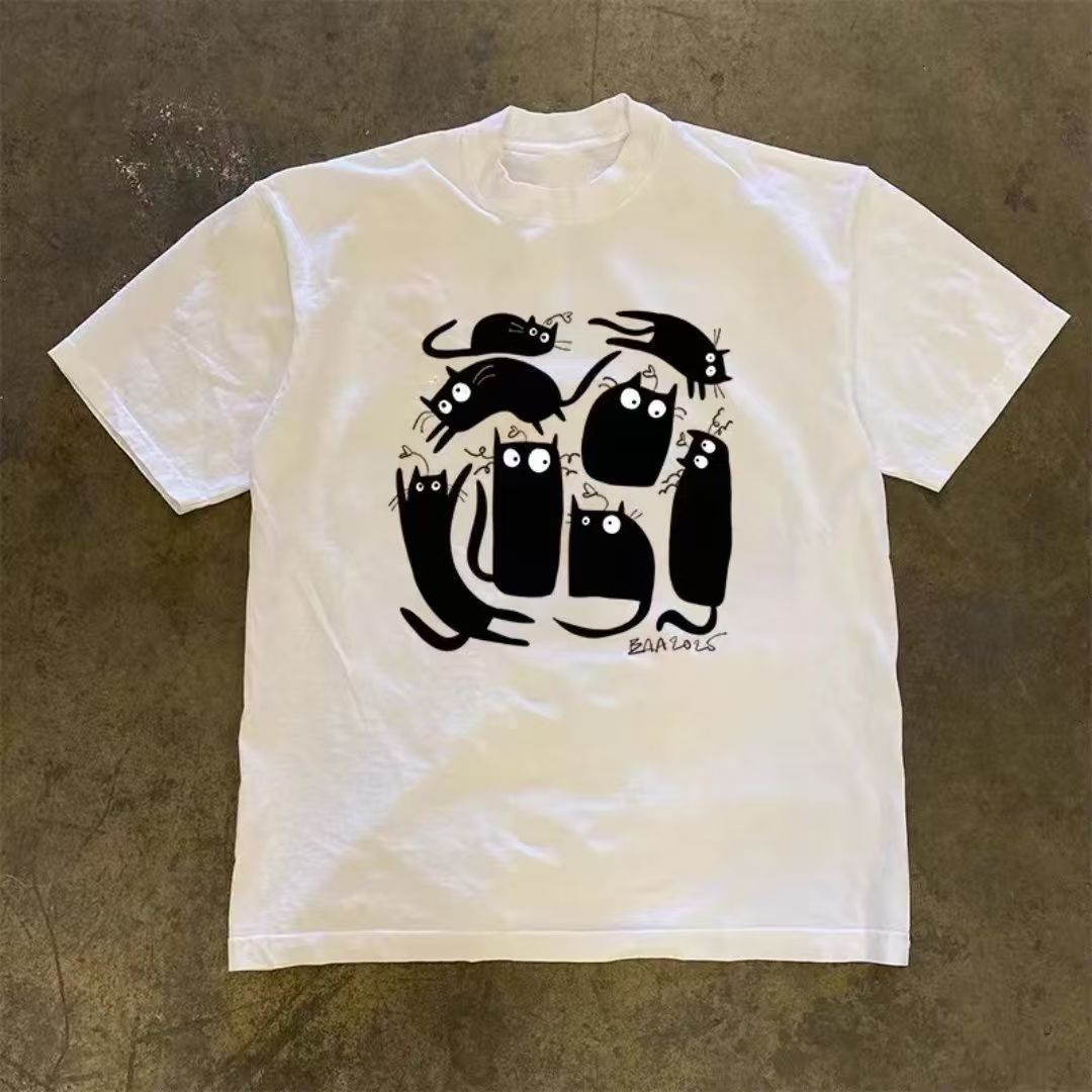 Vintage White retro cartoon cat print cotton t-shirt Size US M / EU 48-50 / 2 - 1 Thumbnail
