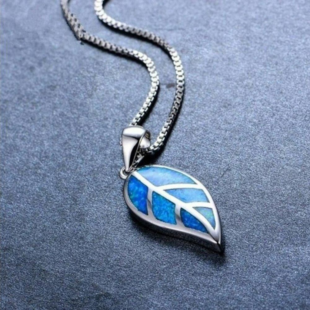 Designer Blue Opal Leaf Silver Necklace & Chain Size ONE SIZE - 2 Thumbnail