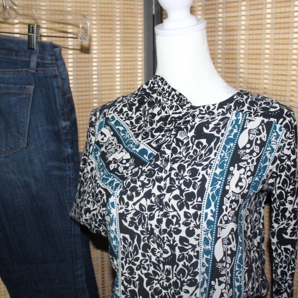 Loft LOFT Navy White & Teal Blouse with Woodland Creatures Motif Size XS / US 0-2 / IT 36-38 - 8 Thumbnail