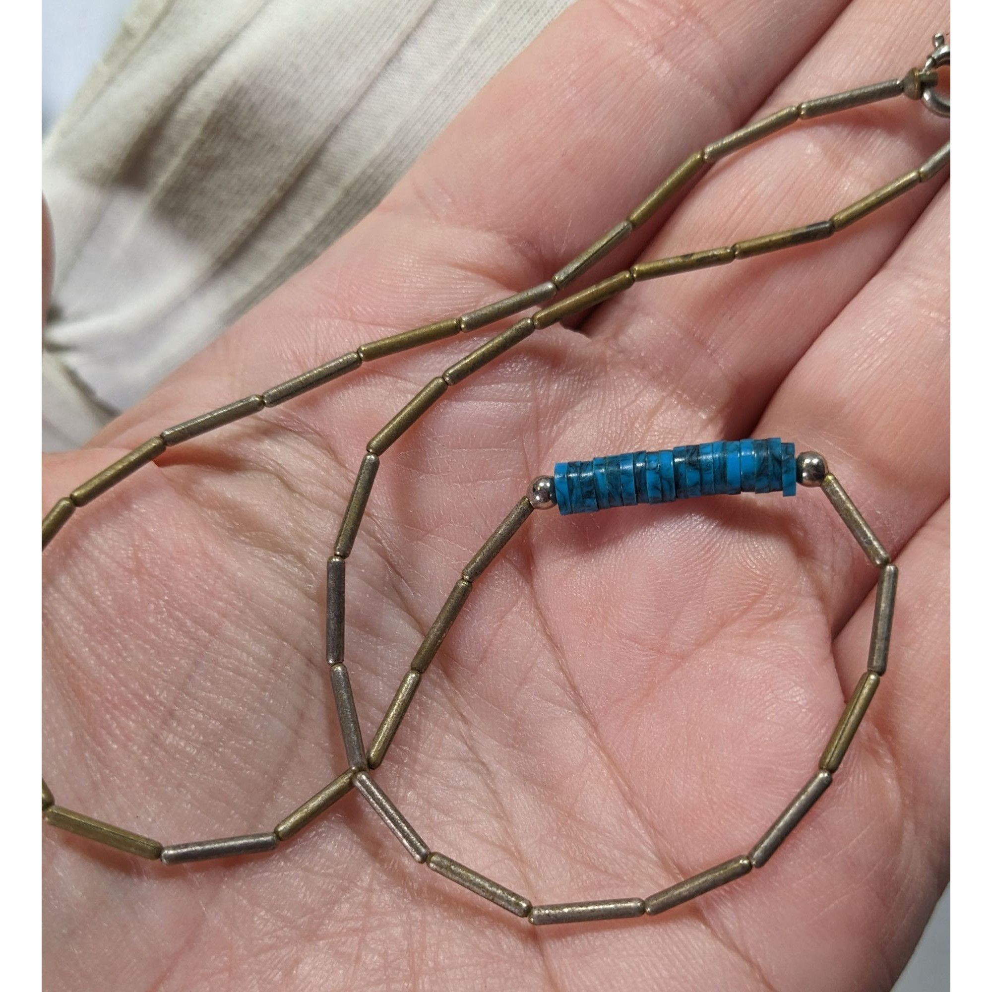 Handmade Vintage Native Liquid Silver And Turquoise Beaded Necklace Size ONE SIZE - 5 Thumbnail