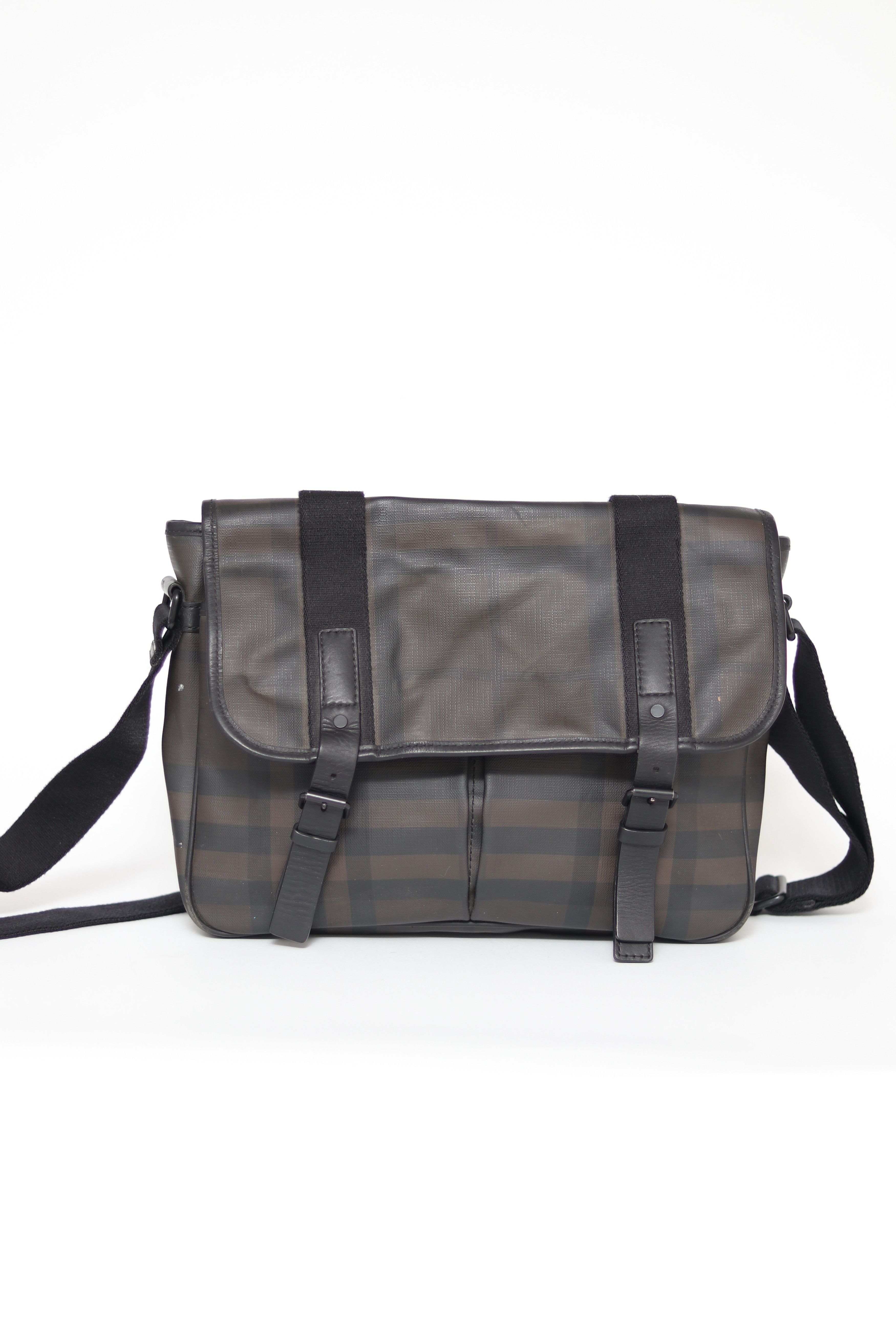 Burberry Grifford Messenger Bag Smoked Check Coated Canvas in Black, Men's