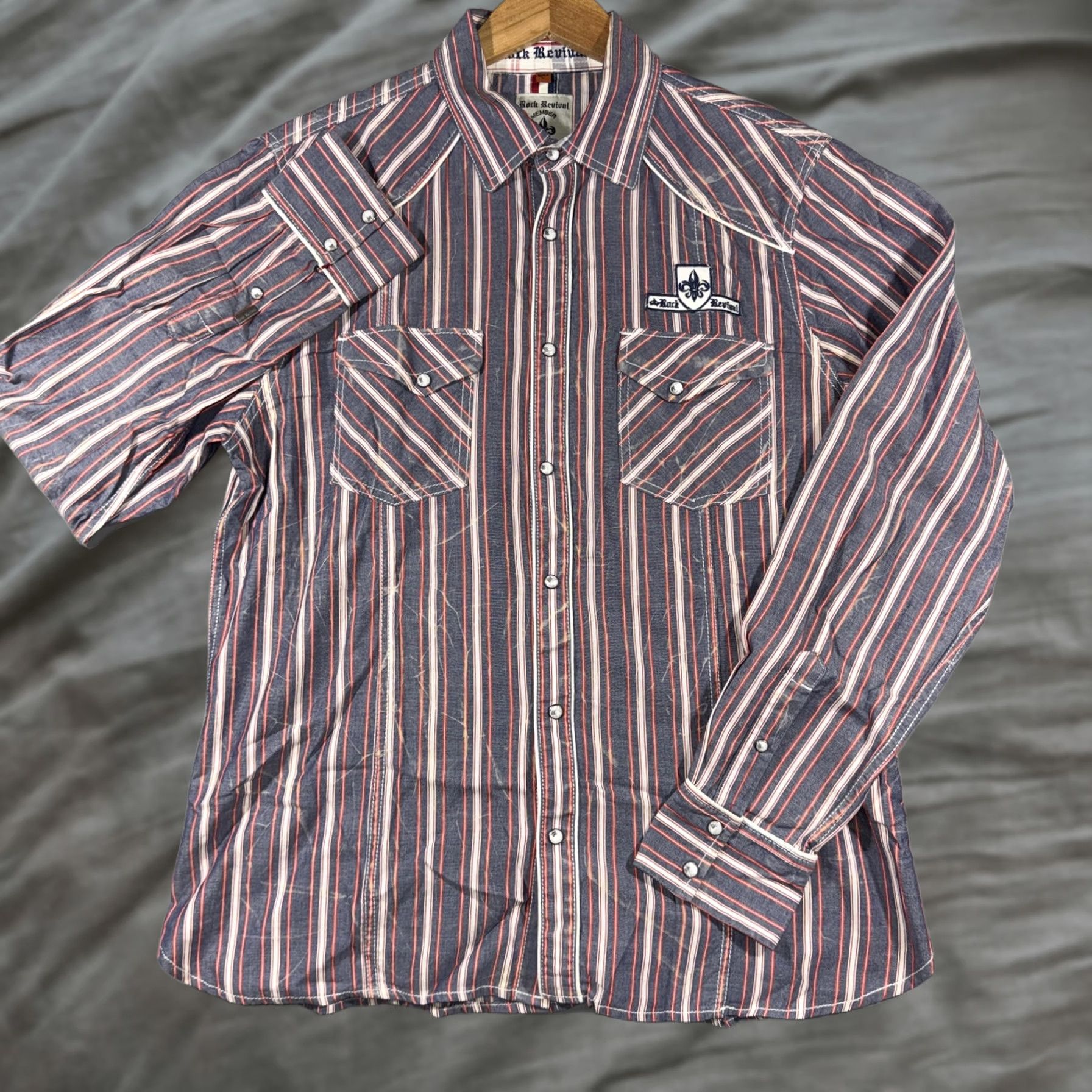 Vintage VINTAGE Rock Revival Shirt Mens Large Blue Red Stripe Snap Front Western Long Sleeve Size US L / EU 52-54 / 3 - 1 Thumbnail