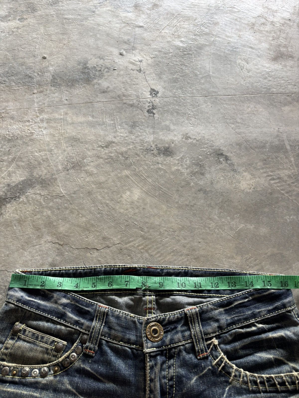 Tornado Mart FLARE LUCKY STORE JEANS JAPANESE DENIM STUDDED RUSTY MUDWASH Size US 31 - 21 Thumbnail