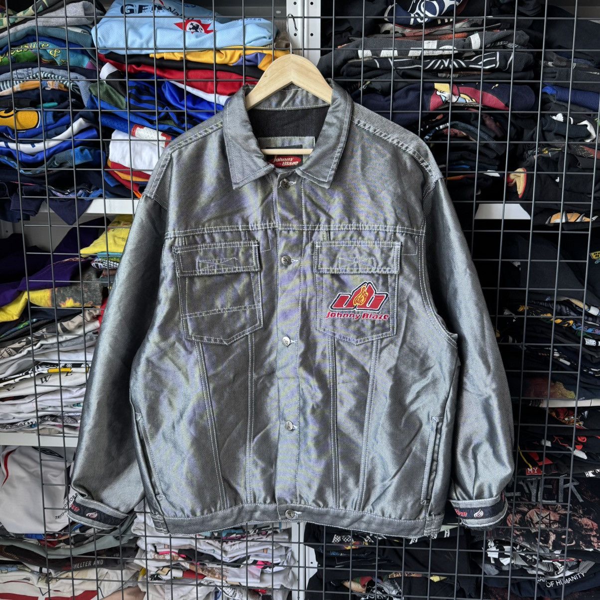 Rare‼️ Vintage 90s Johnny Blaze Workwear Silver Metal Jacket