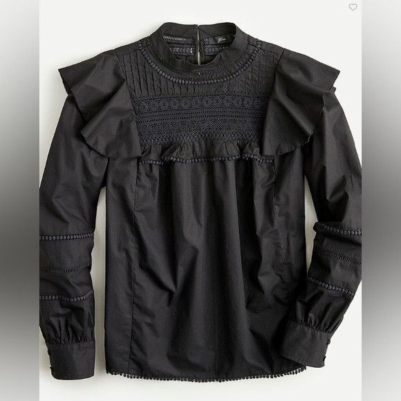 J.Crew J. Crew Black Crochet Ruffled Blouse Size L / US 10 / IT 46 - 2 Thumbnail