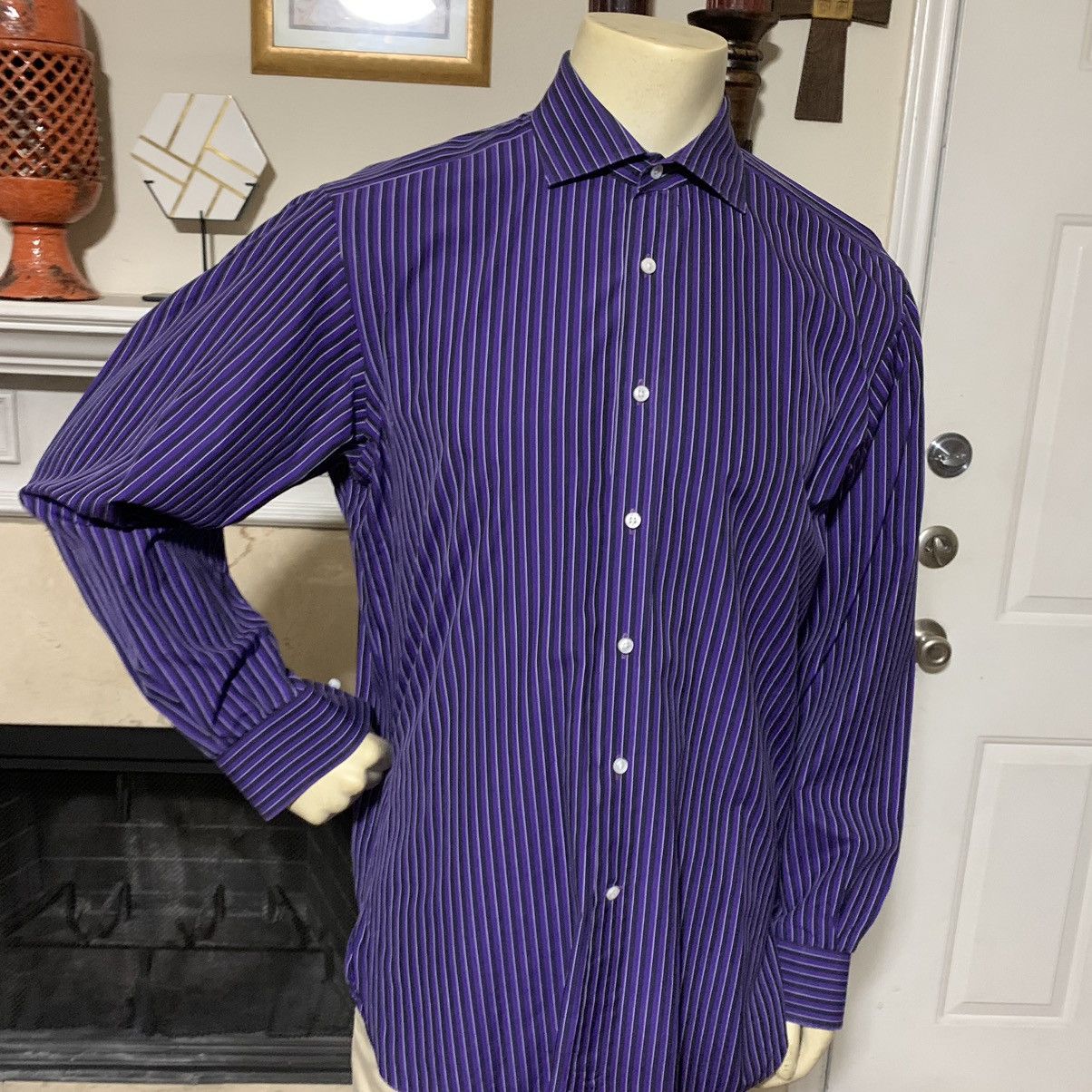 image of Ralph Lauren Purple Label 140’S 2 Ply Striped Cotton Dress Shirt 16-36 in Purple, Men's (Size Large